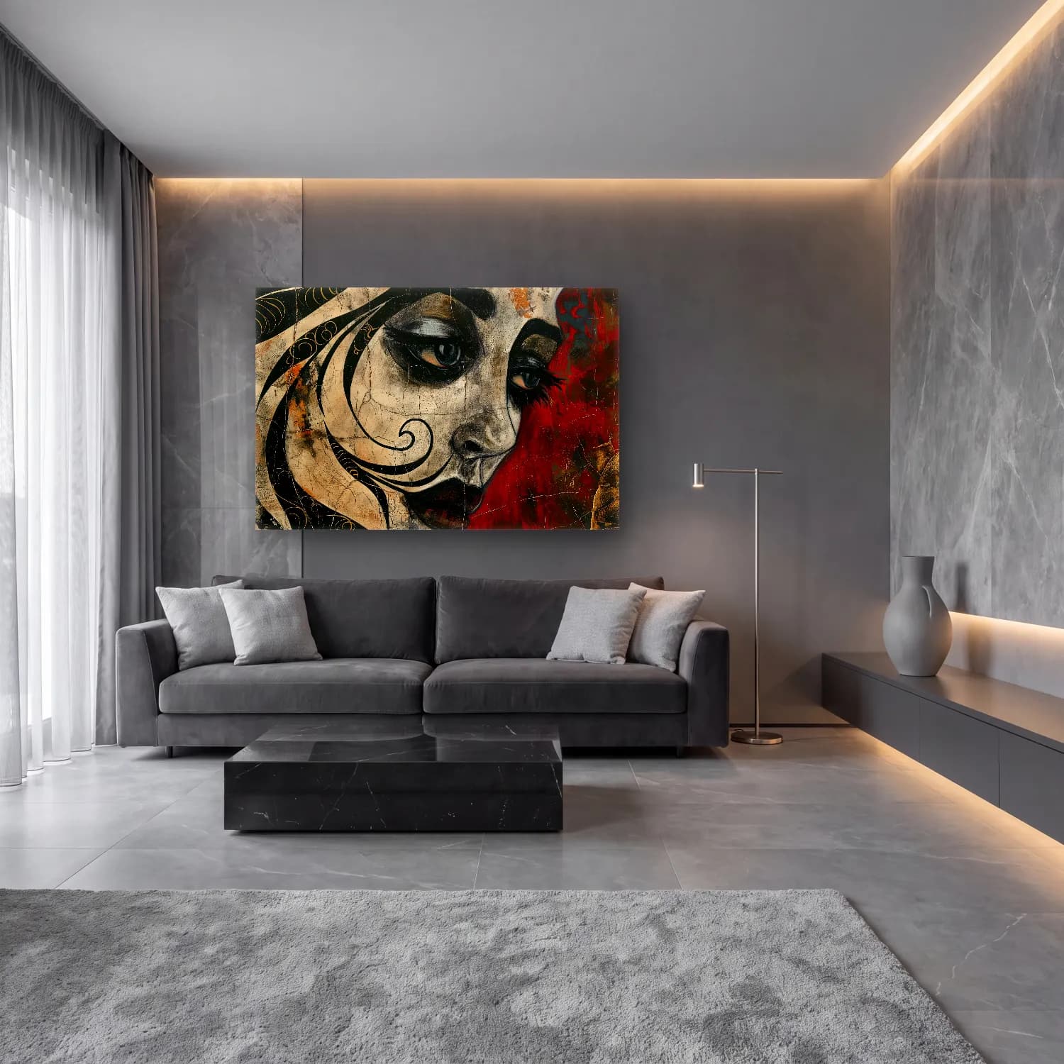 Modern Soyut Kadın Portresi – Siyah Beyaz Tonlar cam tablo — lüks salon duvarında