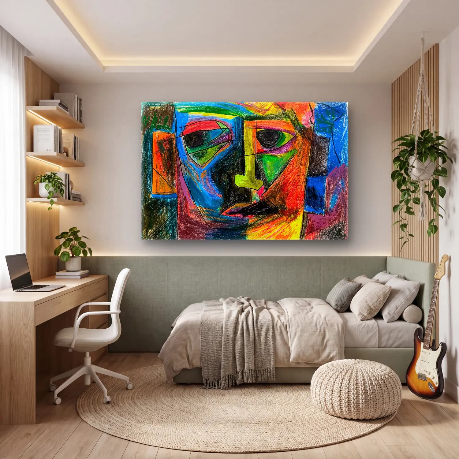 Modern Soyut Yüz No. 23 cam tablo — genç odasında