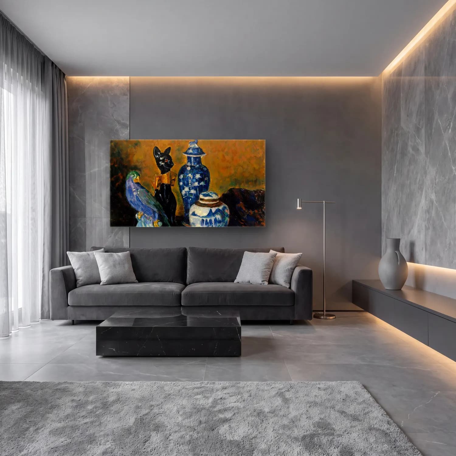Alfred William Finch – Still Life with Blue Figurines cam tablo — lüks salon duvarında