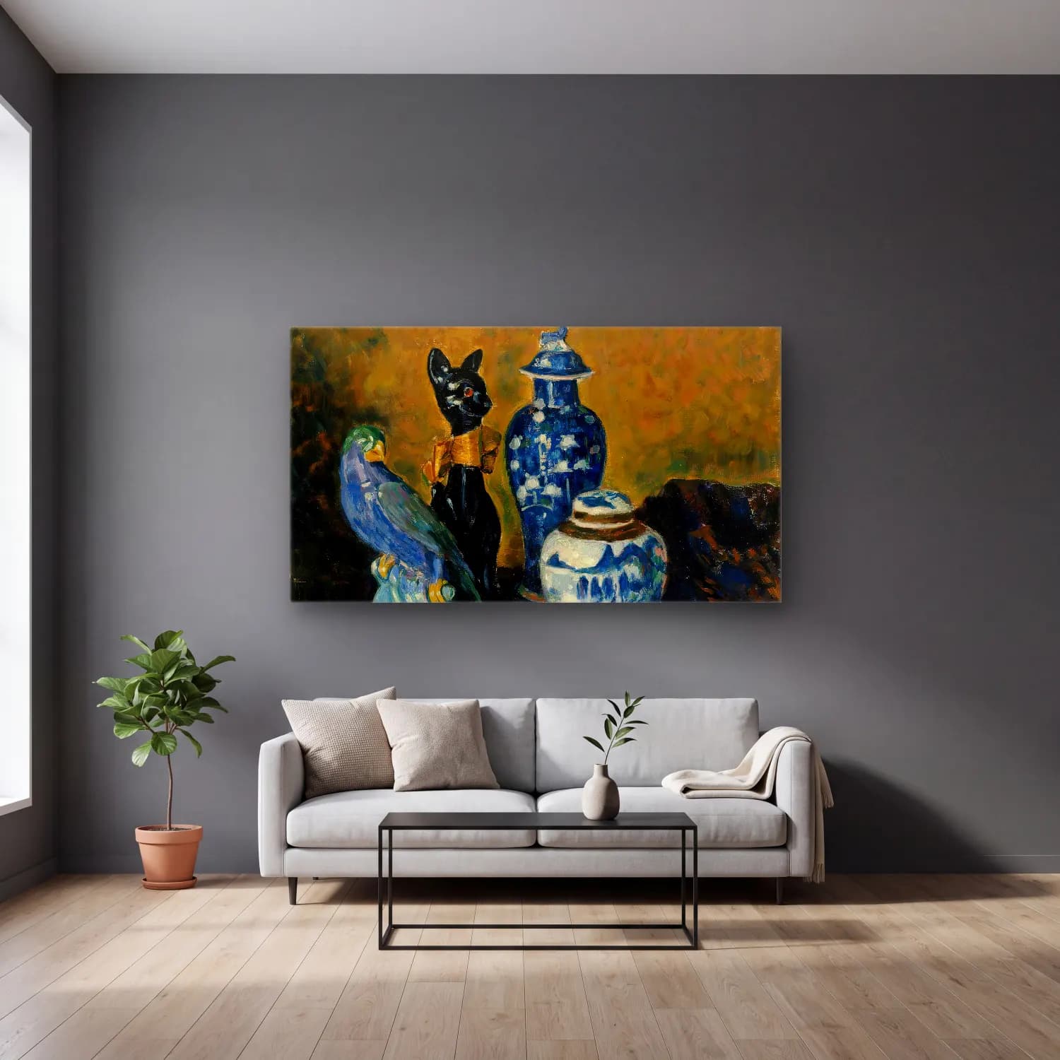 Alfred William Finch – Still Life with Blue Figurines cam tablo — gri duvarlı salonda