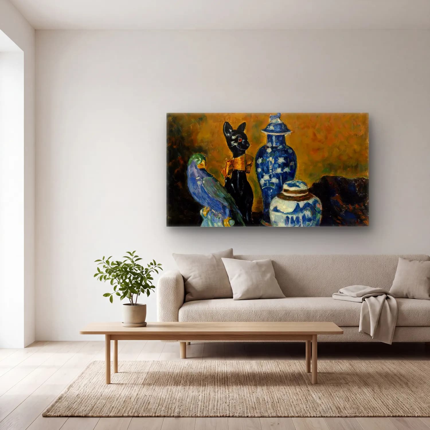 Alfred William Finch – Still Life with Blue Figurines cam tablo — açık renk salonda