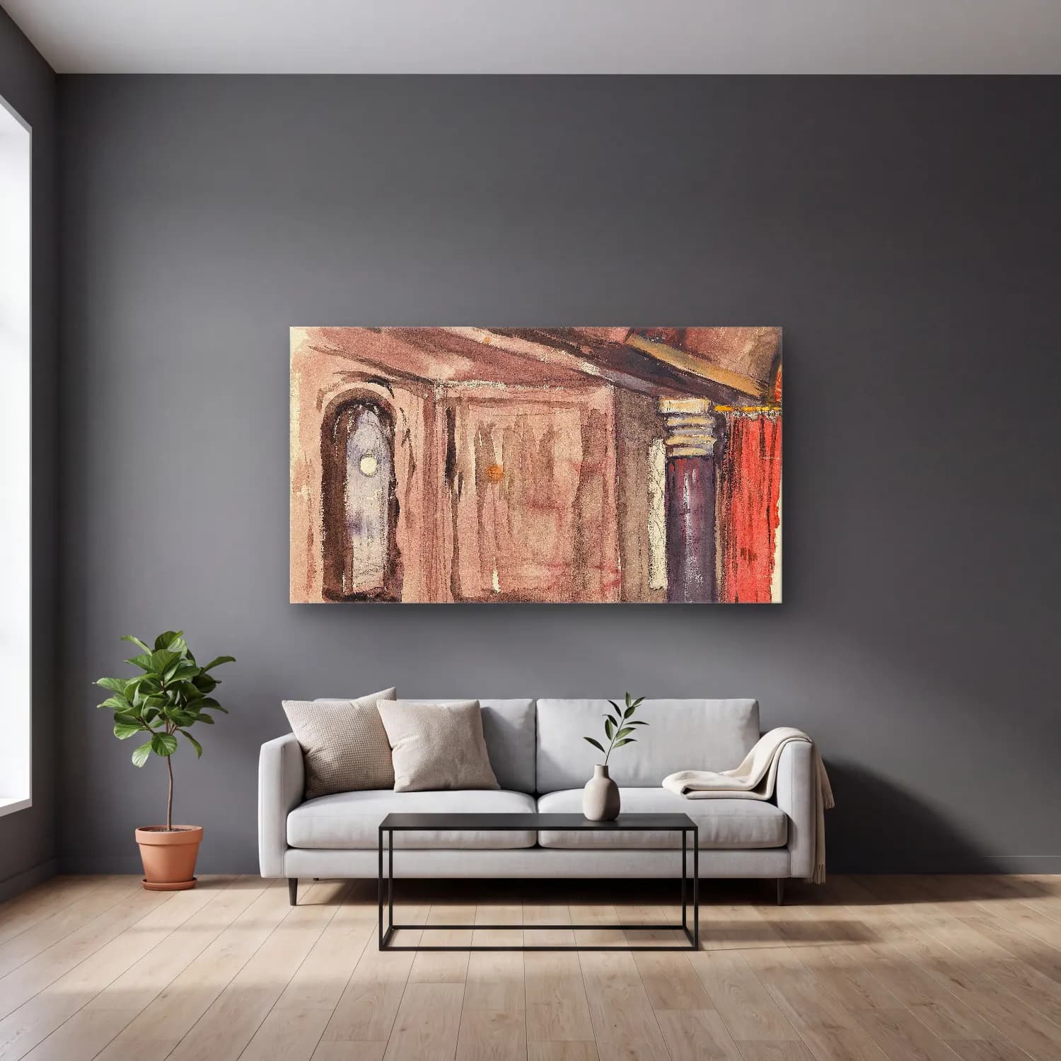 Lovis Corinth – Interieur cam tablo — gri duvarlı salonda