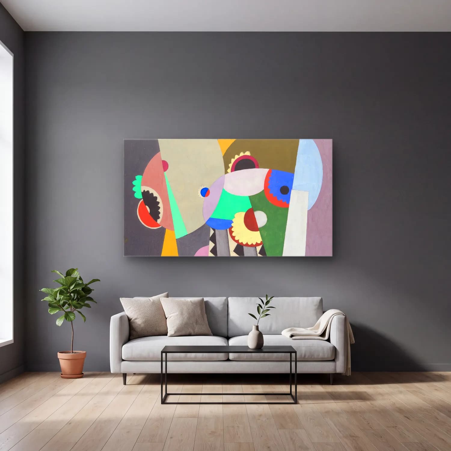 Georges Valmier – Composition – Sarı Tonlar cam tablo — gri duvarlı salonda