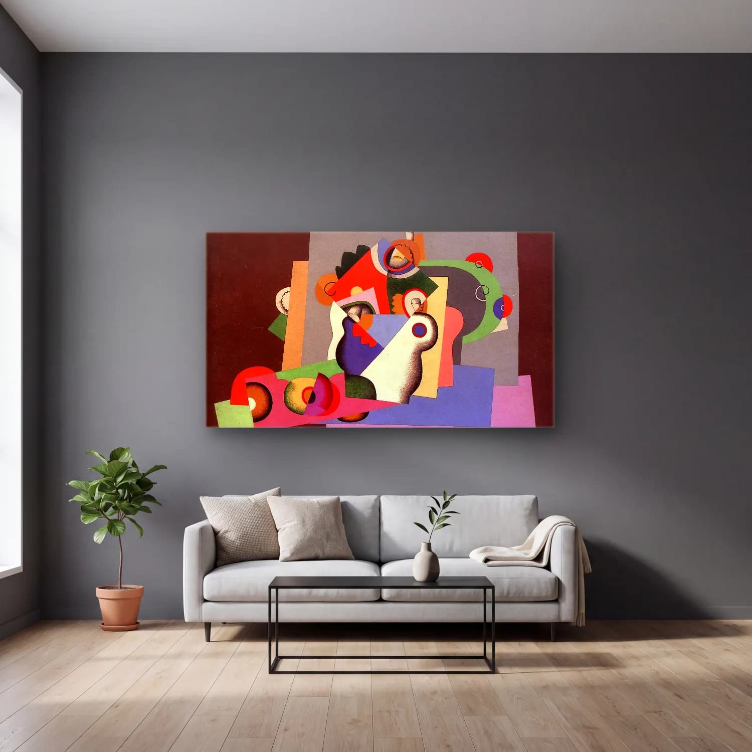 Georges Valmier – Composition with flowers cam tablo — gri duvarlı salonda
