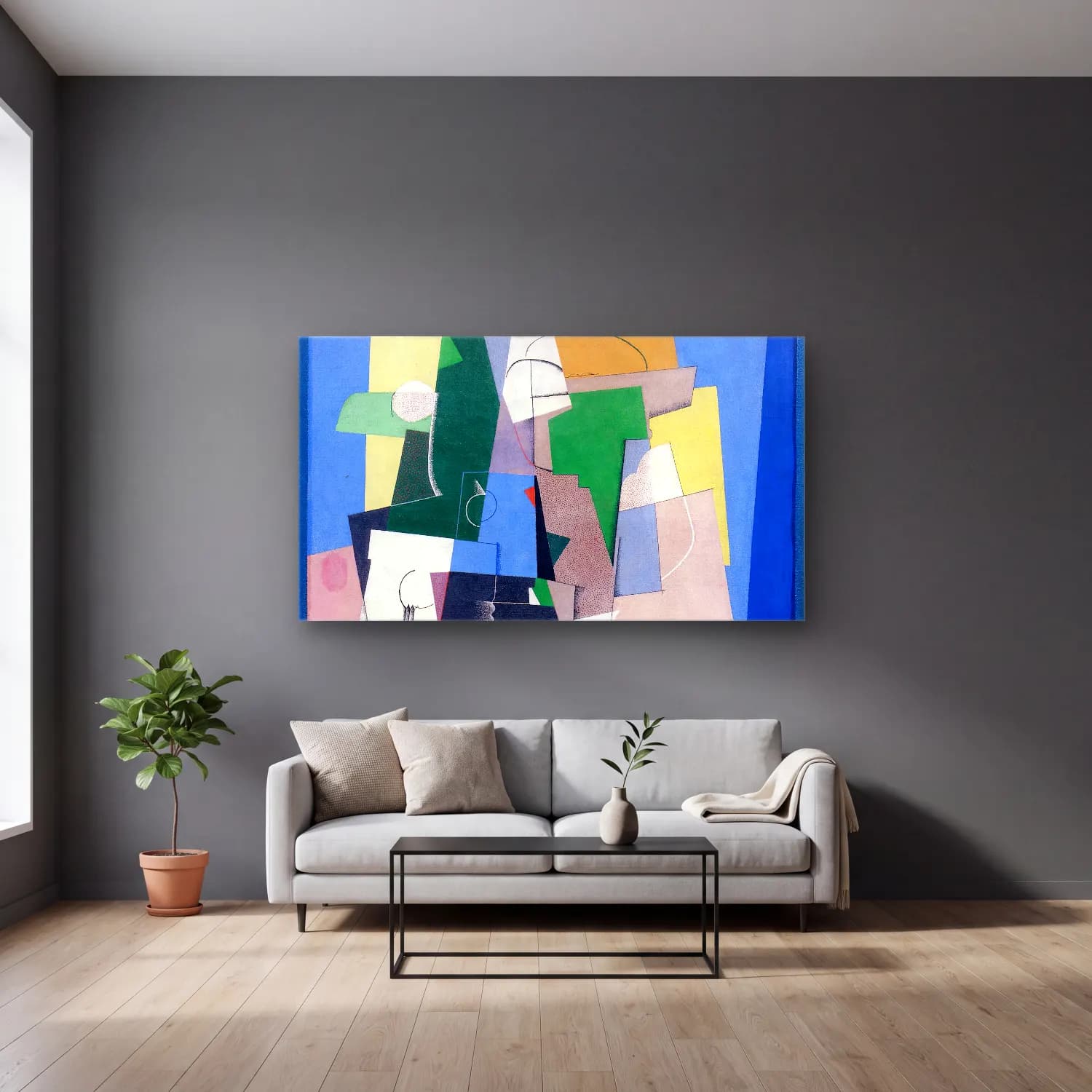 Georges Valmier – Cubist Composition cam tablo — gri duvarlı salonda