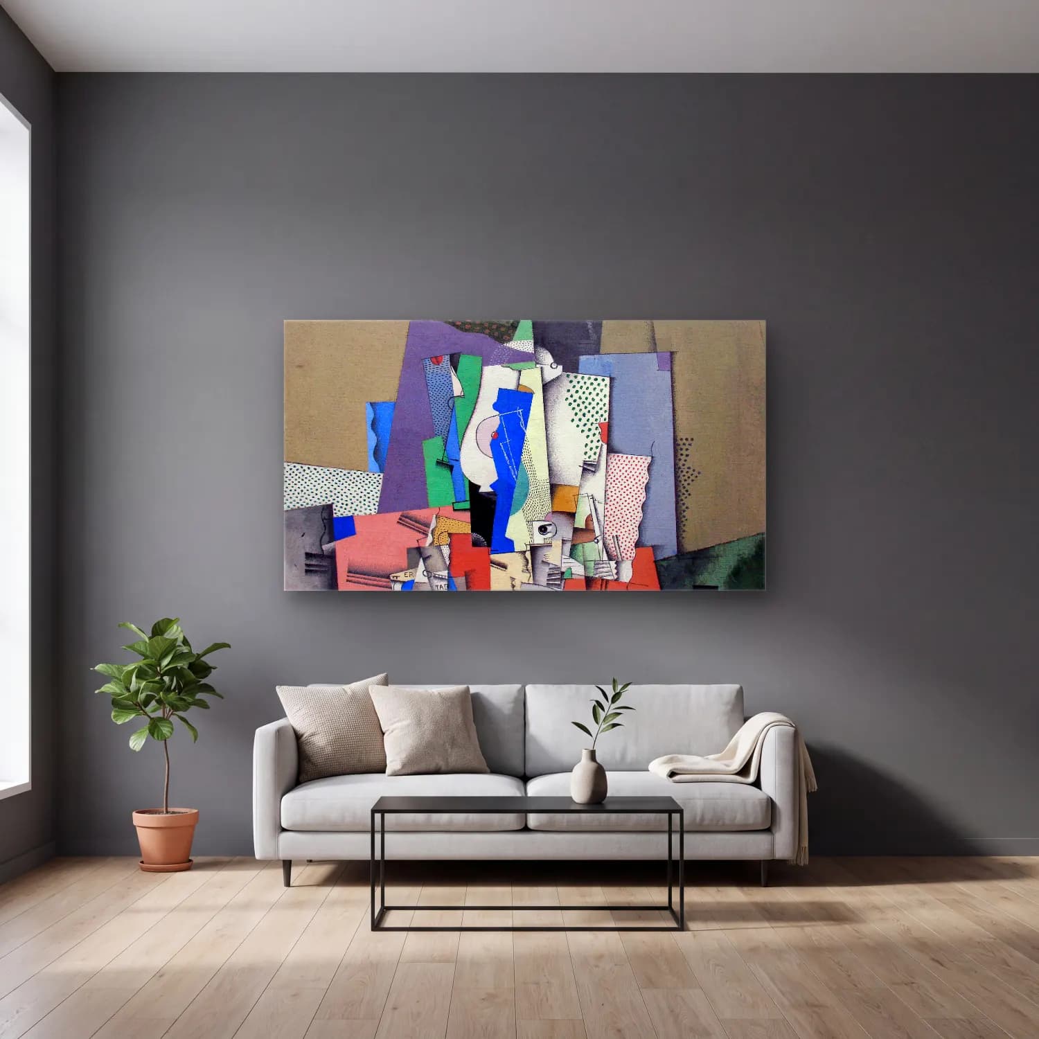 Georges Valmier – Geometrical still life II cam tablo — gri duvarlı salonda
