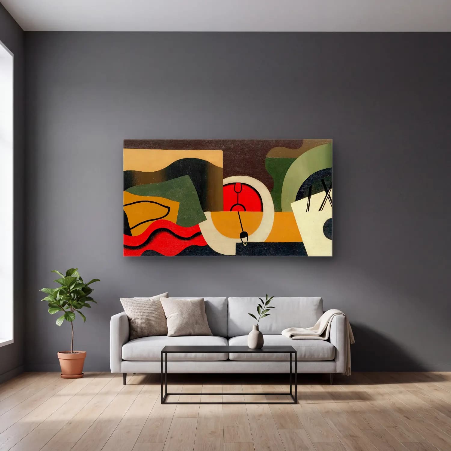 Georges Valmier – Le Temps ( 1929) cam tablo — gri duvarlı salonda