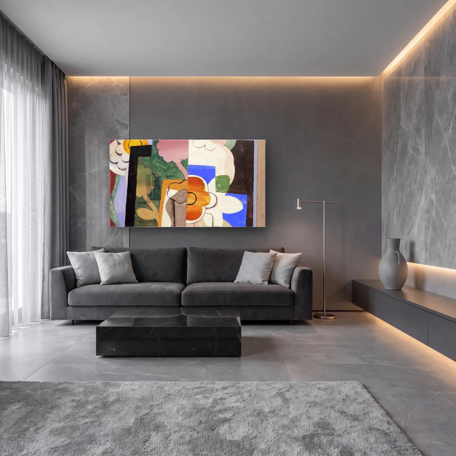 Georges Valmier – Vase de fleurs – Bej Tonlar cam tablo — lüks salon duvarında