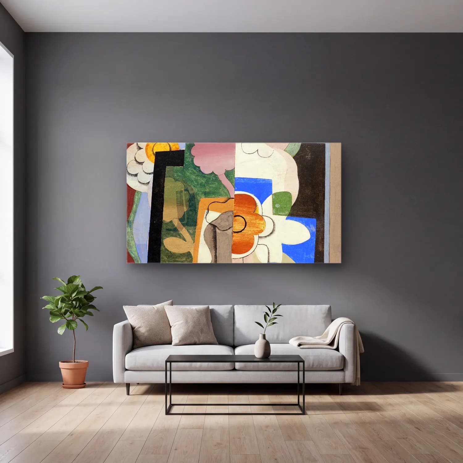 Georges Valmier – Vase de fleurs – Bej Tonlar cam tablo — gri duvarlı salonda