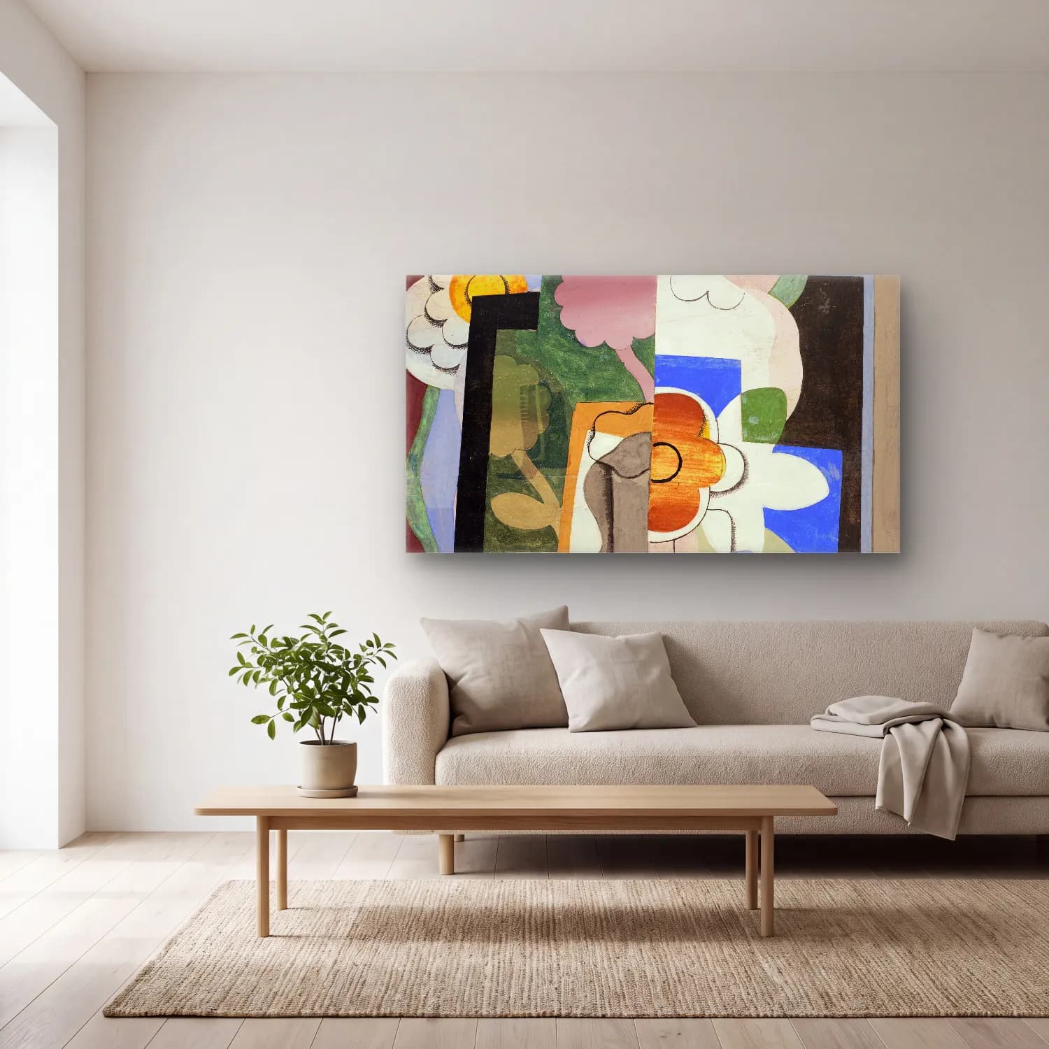 Georges Valmier – Vase de fleurs – Bej Tonlar cam tablo — açık renk salonda