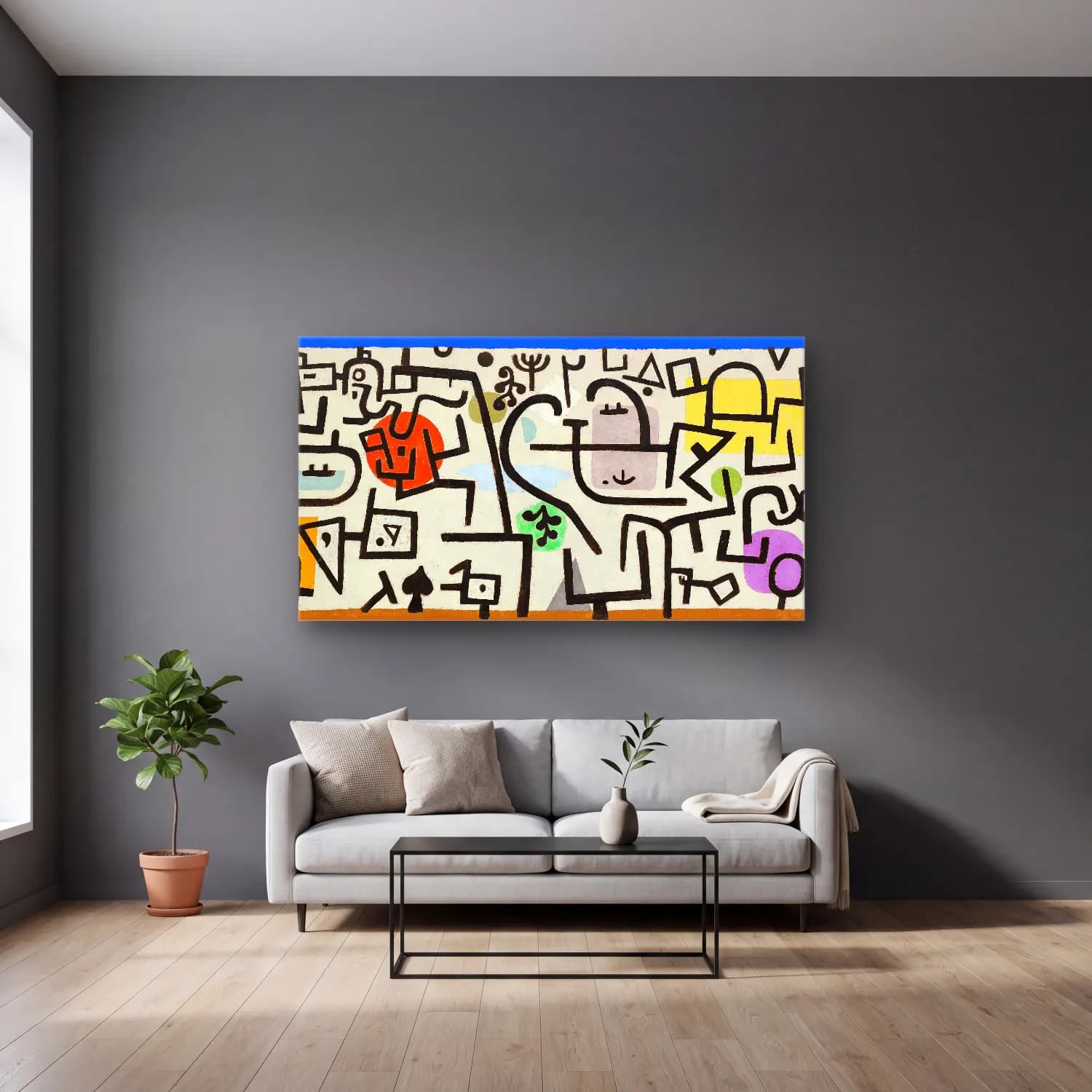 Paul Klee – Rich Harbor (Picture of a Journey) cam tablo — gri duvarlı salonda