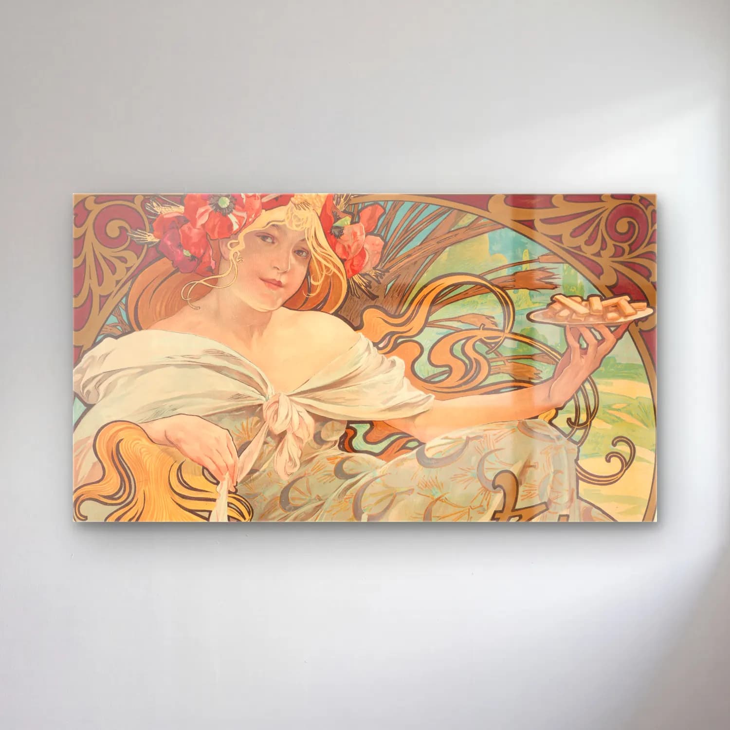 Alphonse Mucha – Biscuits Lefèvre-Utile cam tablo — Alphonse Mucha – Biscuits Lefèvre-Utile — vintage poster elbiseli kadın