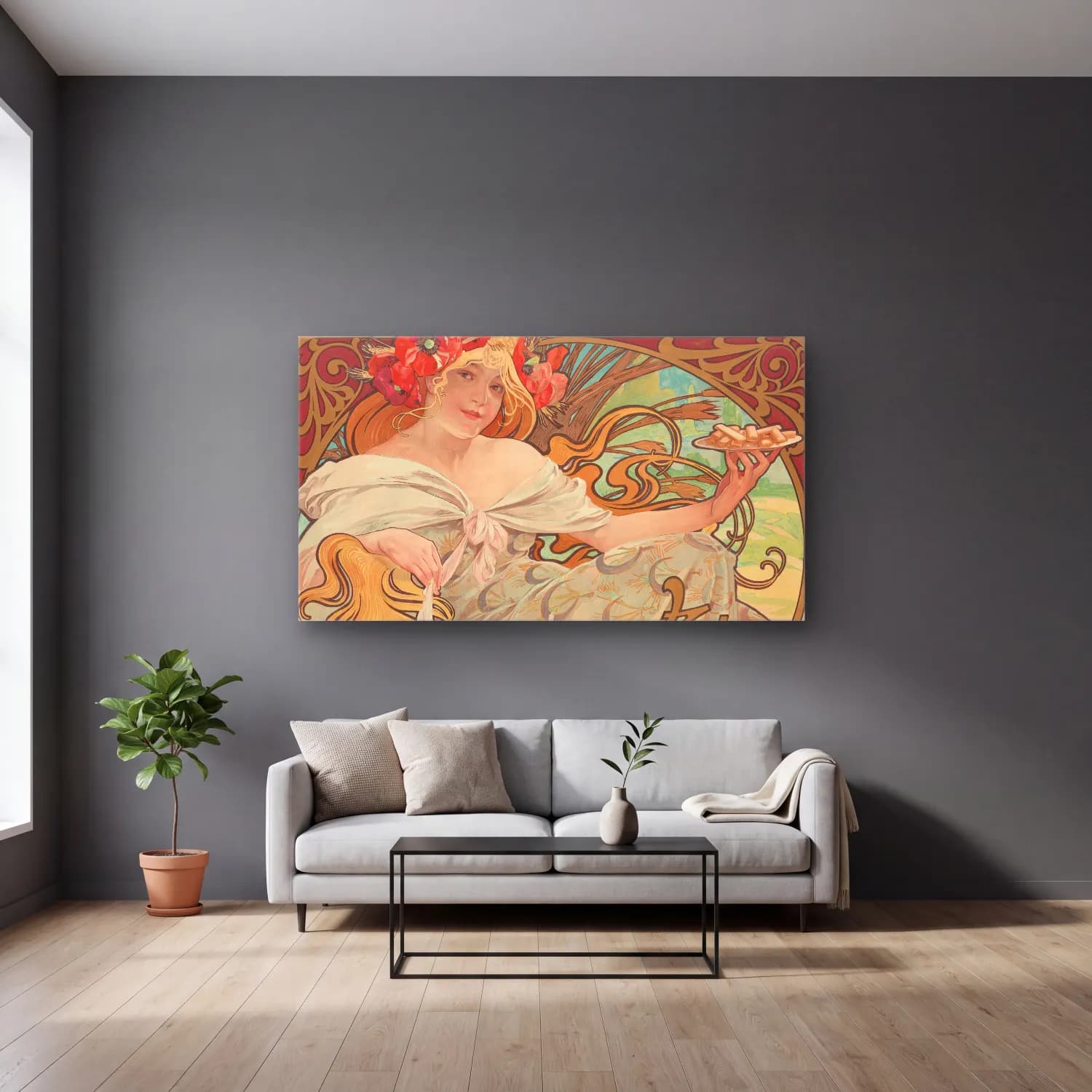 Alphonse Mucha – Biscuits Lefèvre-Utile cam tablo — gri duvarlı salonda