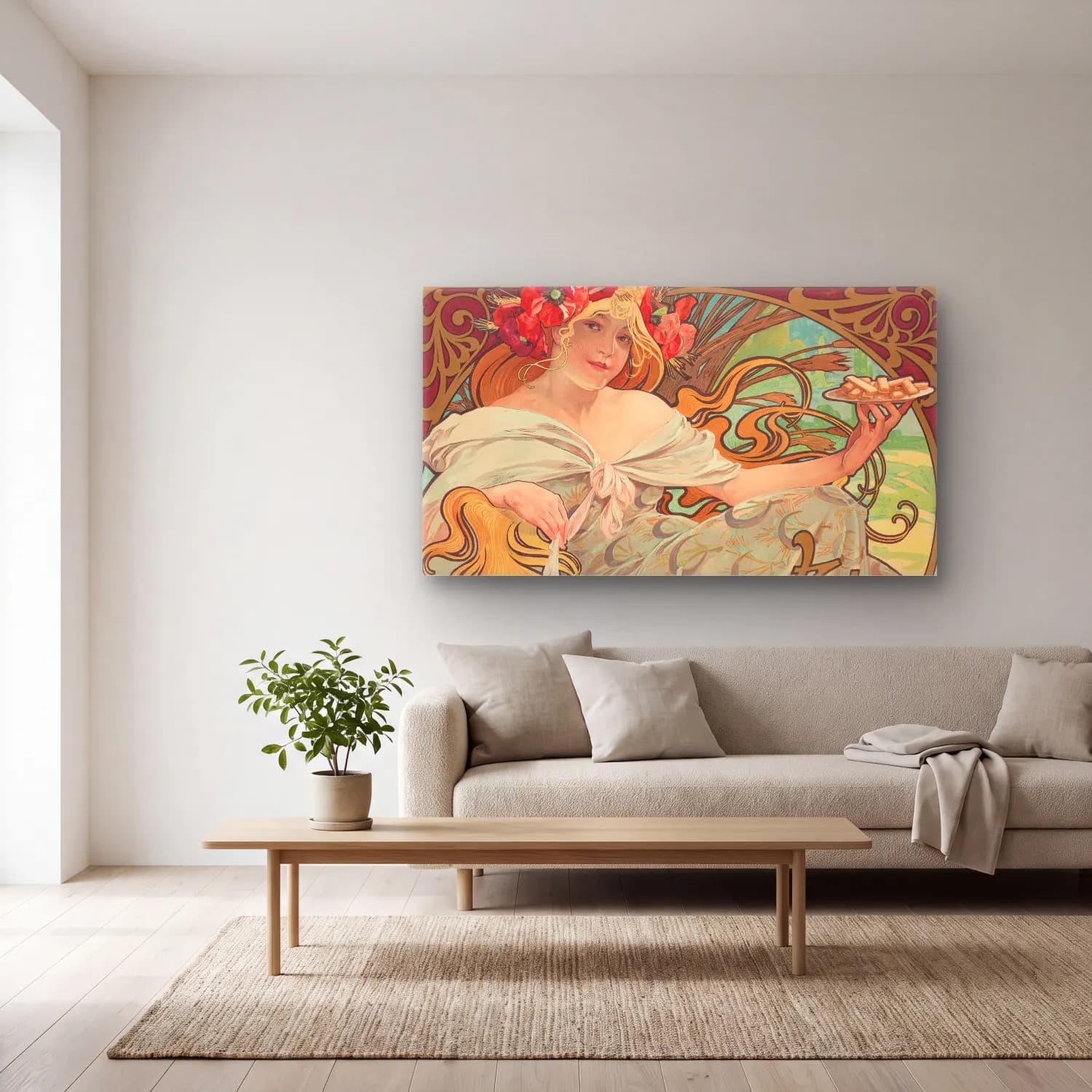 Alphonse Mucha – Biscuits Lefèvre-Utile cam tablo — açık renk salonda