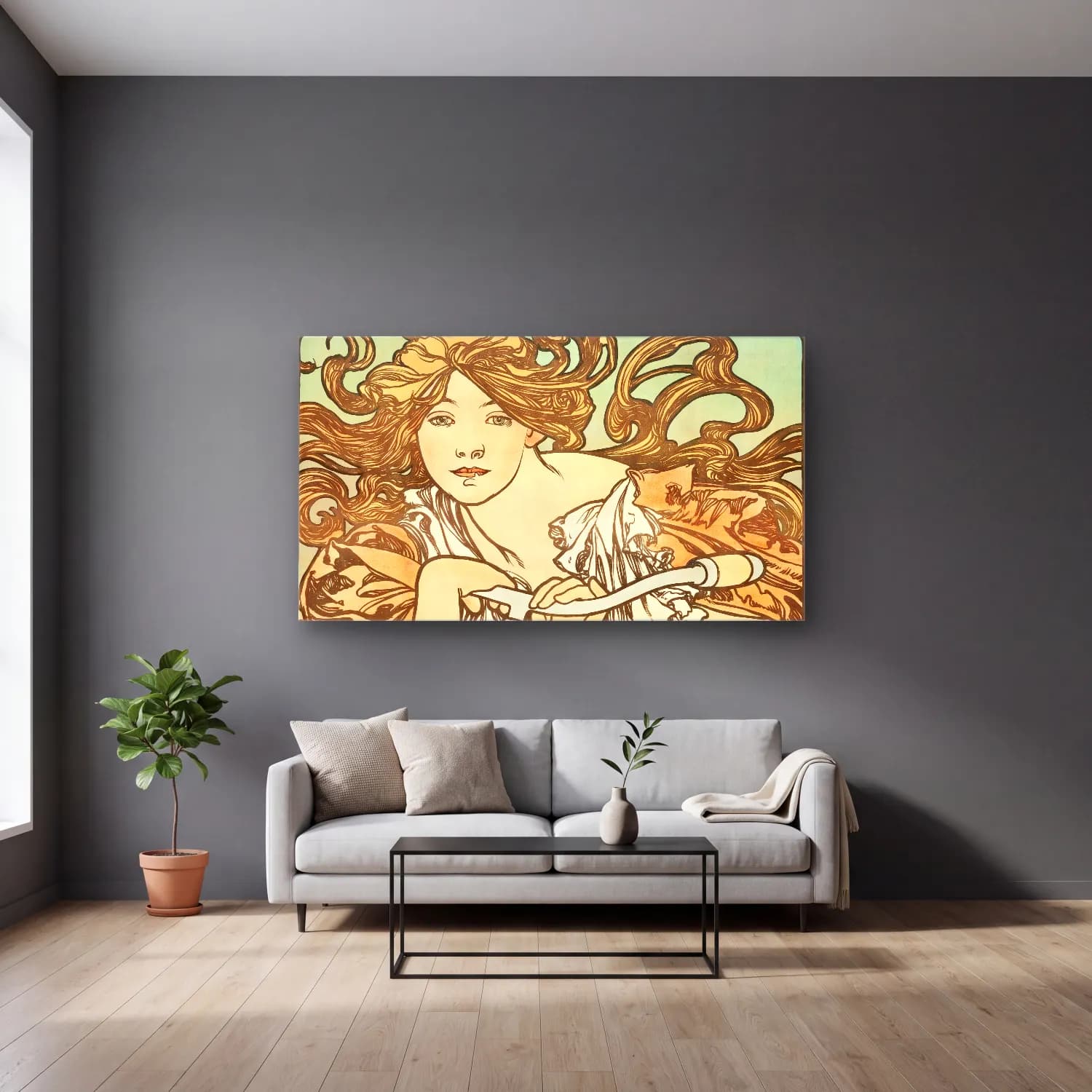 Alphonse Mucha – Cycles Perfecta cam tablo — gri duvarlı salonda