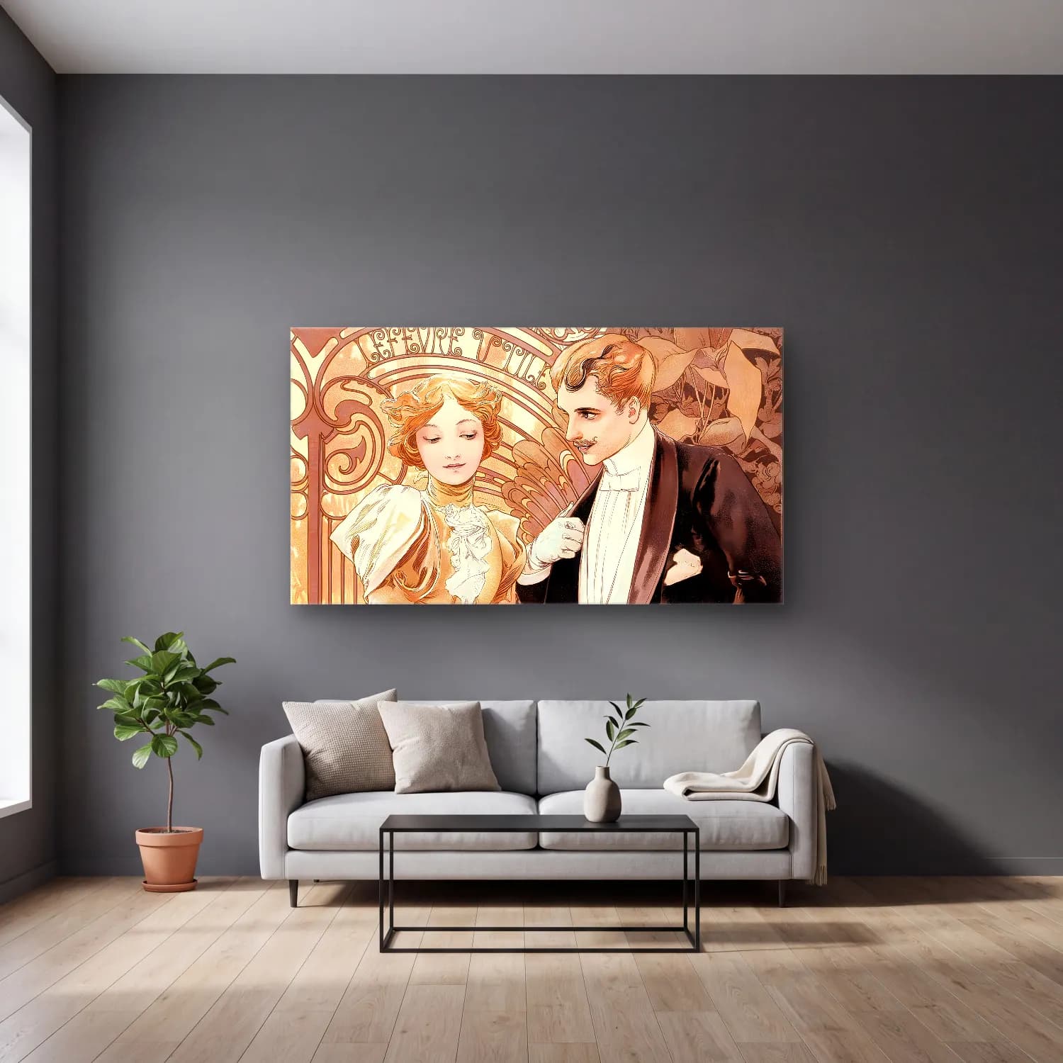 Alphonse Mucha – Flirt cam tablo — gri duvarlı salonda