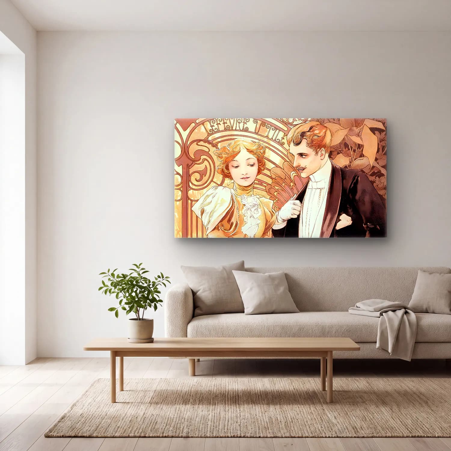 Alphonse Mucha – Flirt cam tablo — açık renk salonda
