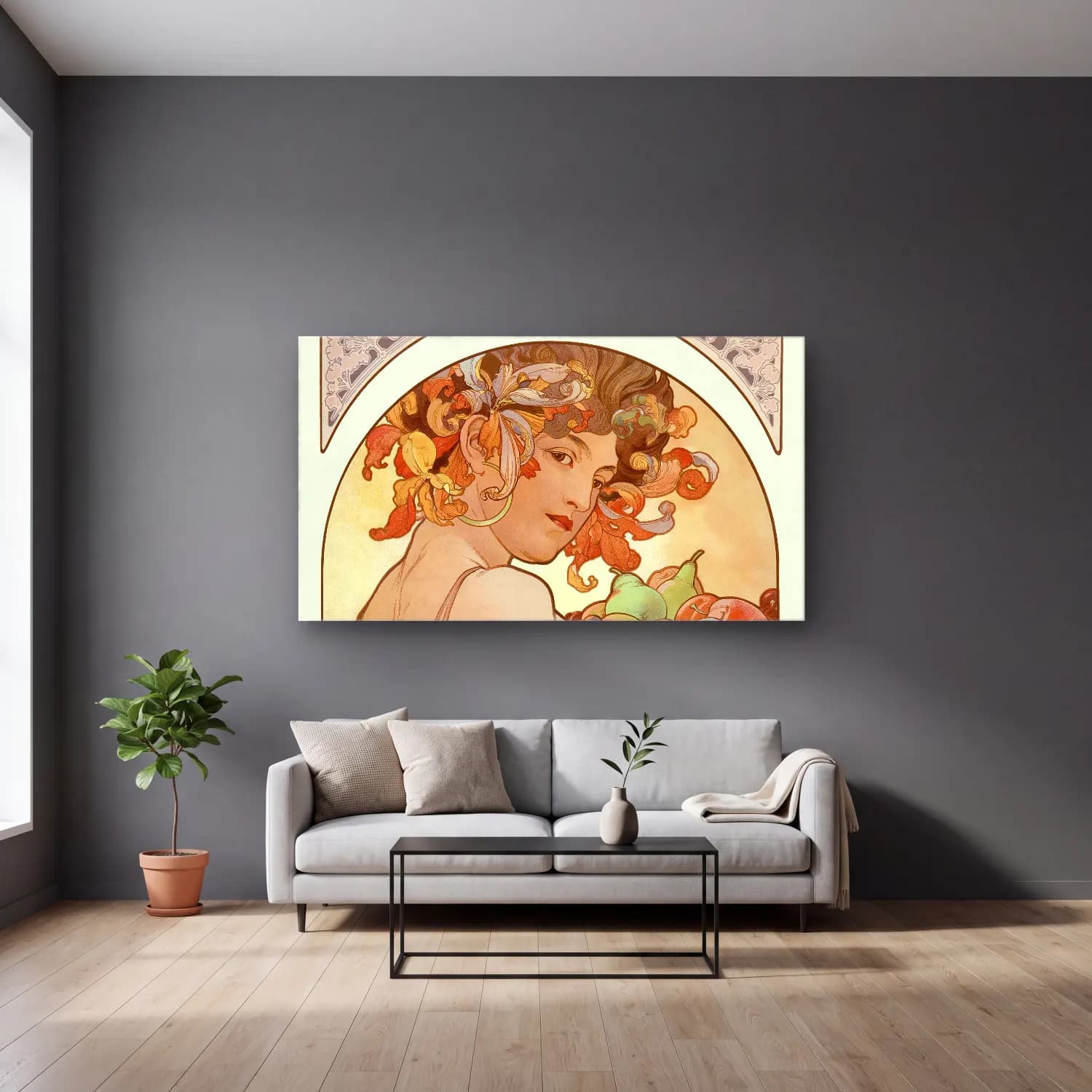 Alphonse Mucha – Fruit chromolithograph cam tablo — gri duvarlı salonda