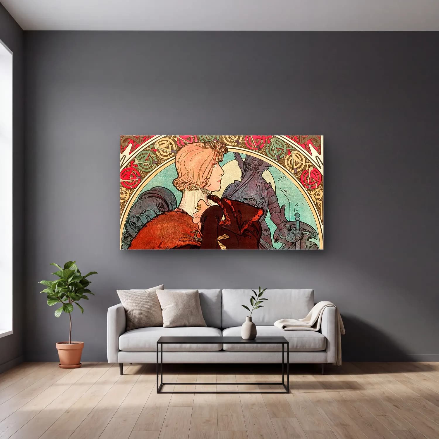 Alphonse Mucha – Hamlet cam tablo — gri duvarlı salonda