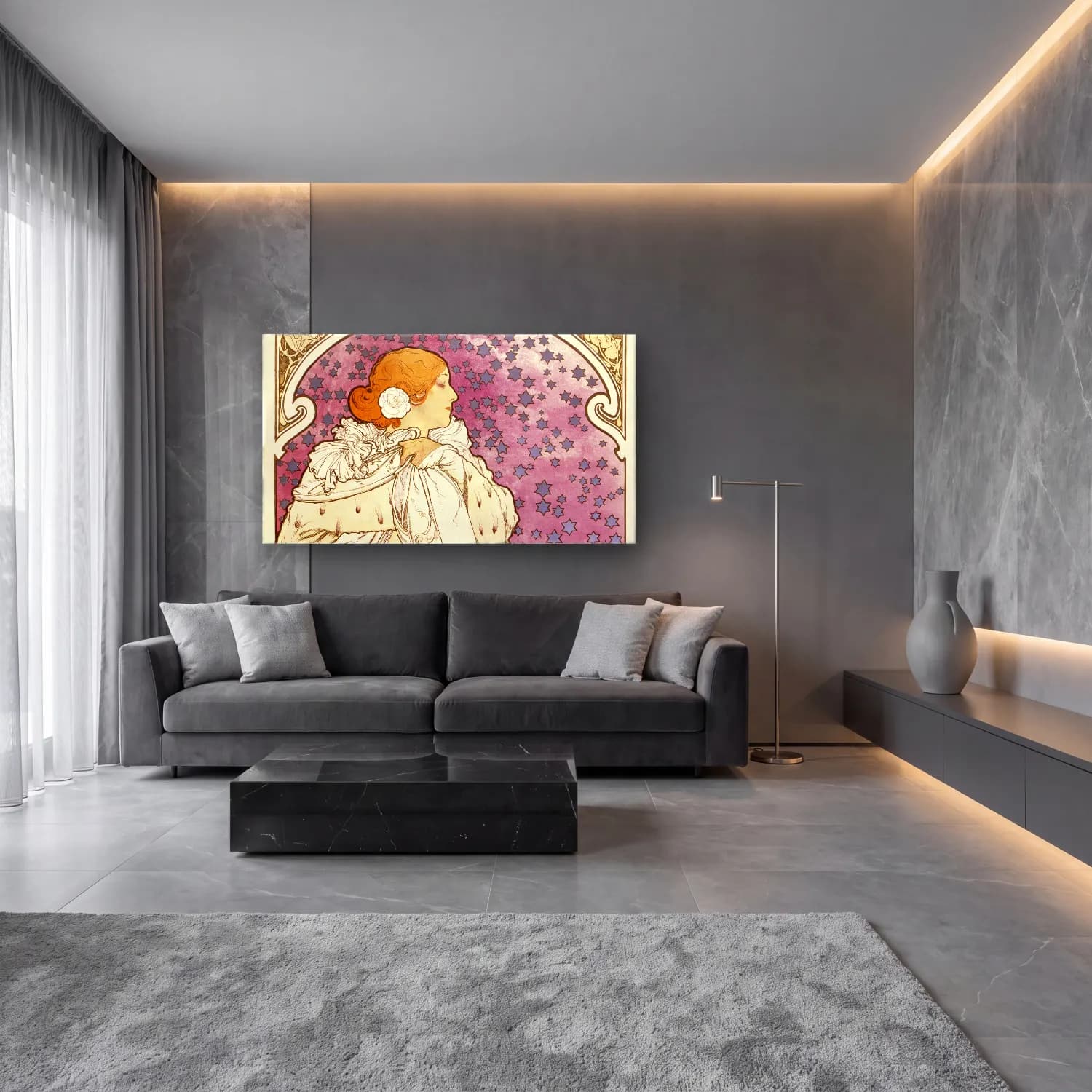 Alphonse Mucha – La Dame Aux Camélias cam tablo — lüks salon duvarında