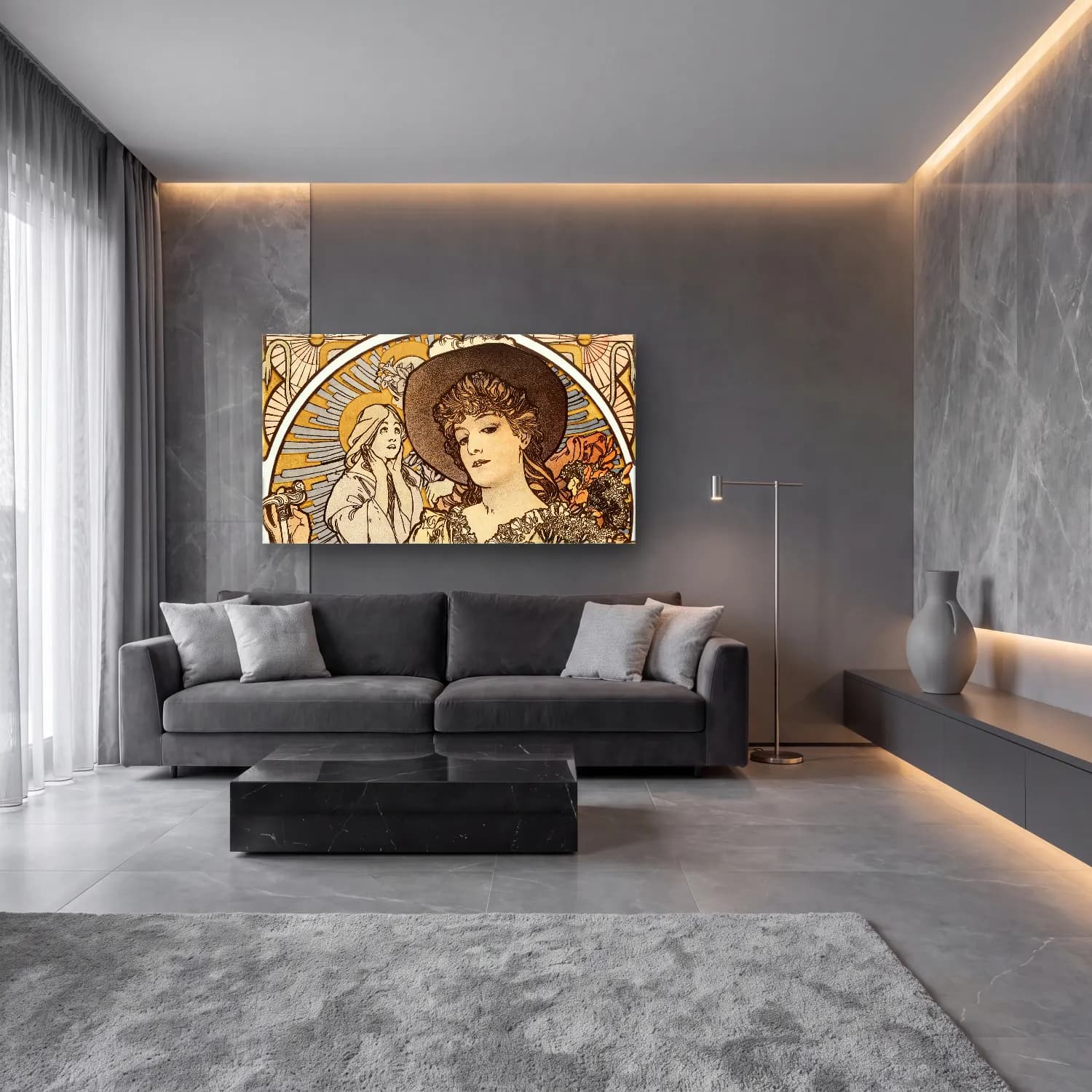 Alphonse Mucha – La Tosca, Sarah Bernhardt cam tablo — lüks salon duvarında