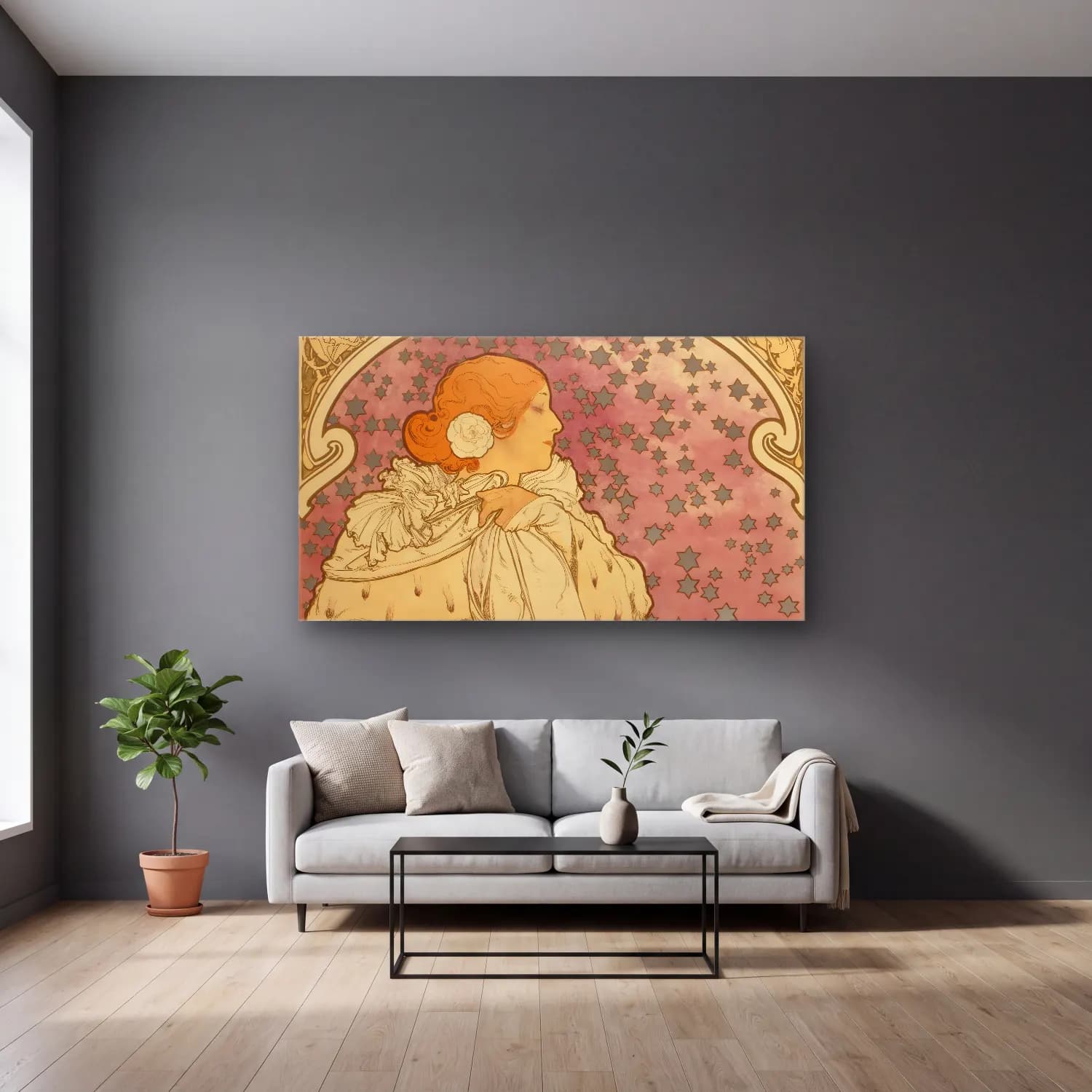 Alphonse Mucha – La dame aux camelias cam tablo — gri duvarlı salonda
