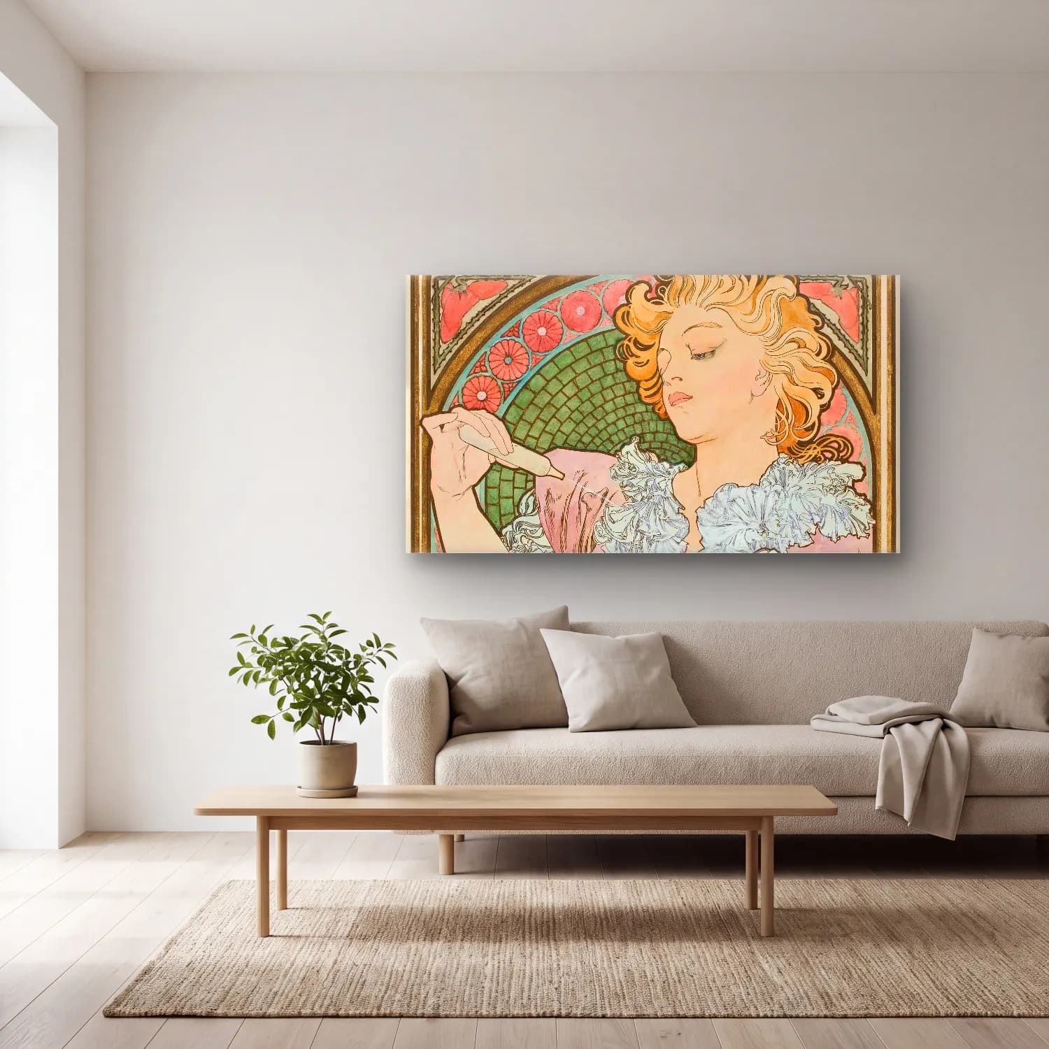 Alphonse Mucha – Lance Parfum “Rodo” cam tablo — açık renk salonda