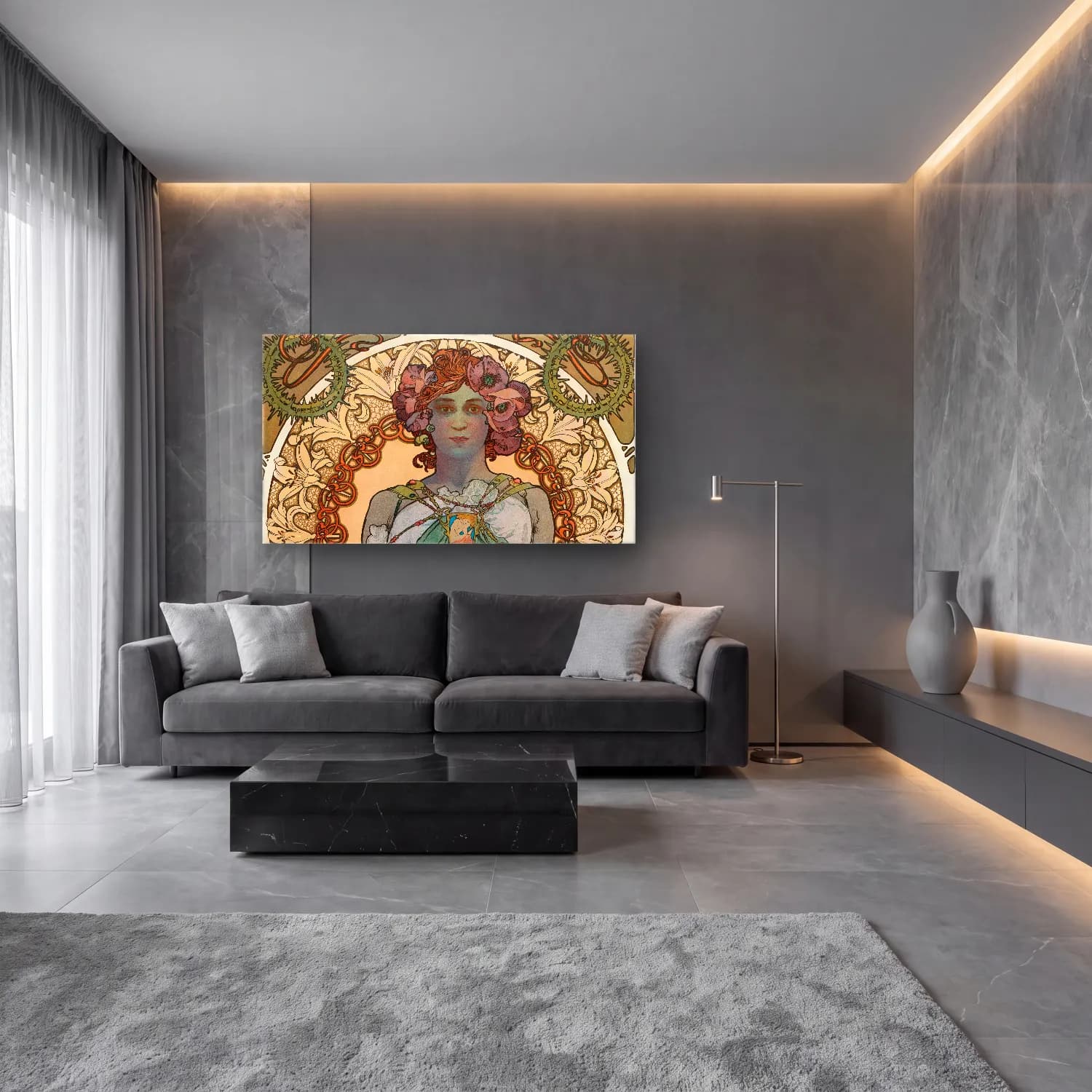 Alphonse Mucha – Leslie Carter cam tablo — lüks salon duvarında