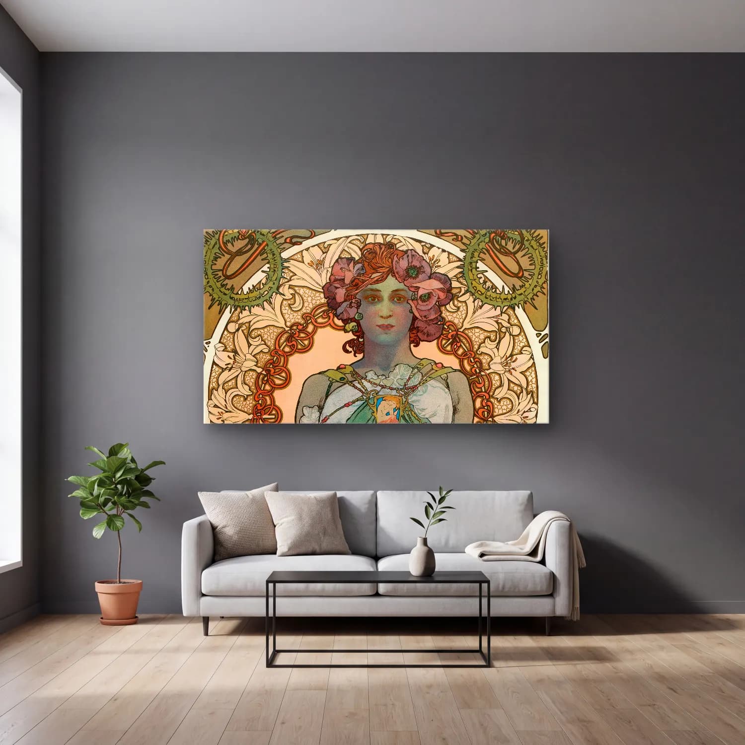 Alphonse Mucha – Leslie Carter cam tablo — gri duvarlı salonda