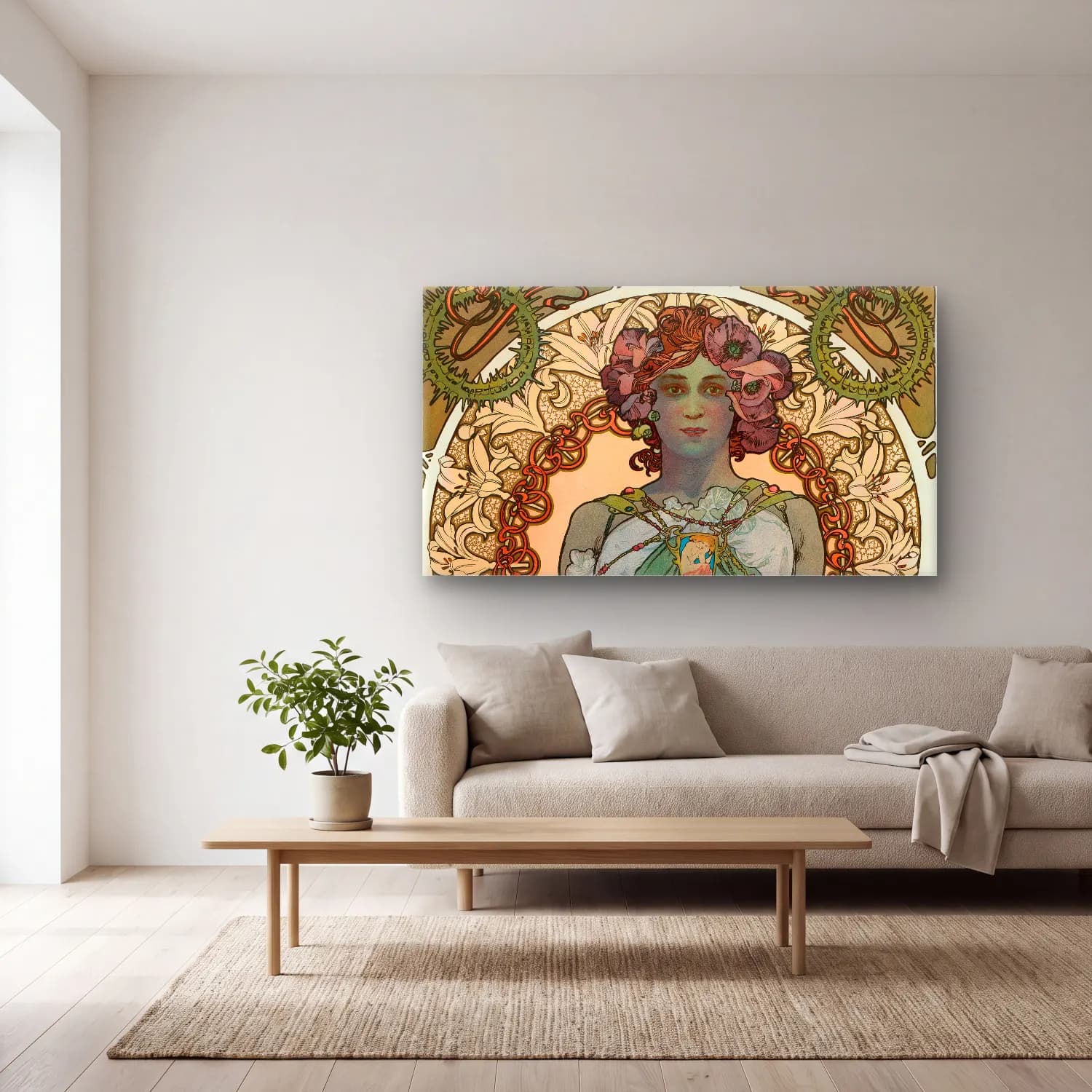 Alphonse Mucha – Leslie Carter cam tablo — açık renk salonda