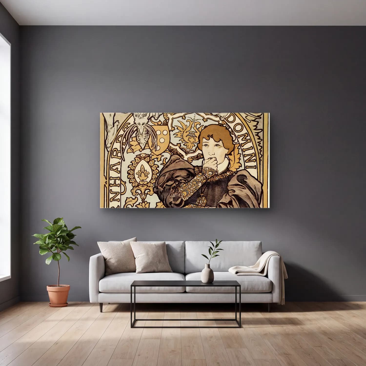 Alphonse Mucha – Lorenzaccio, piece en v actes, d Alfred de Musset cam tablo — gri duvarlı salonda