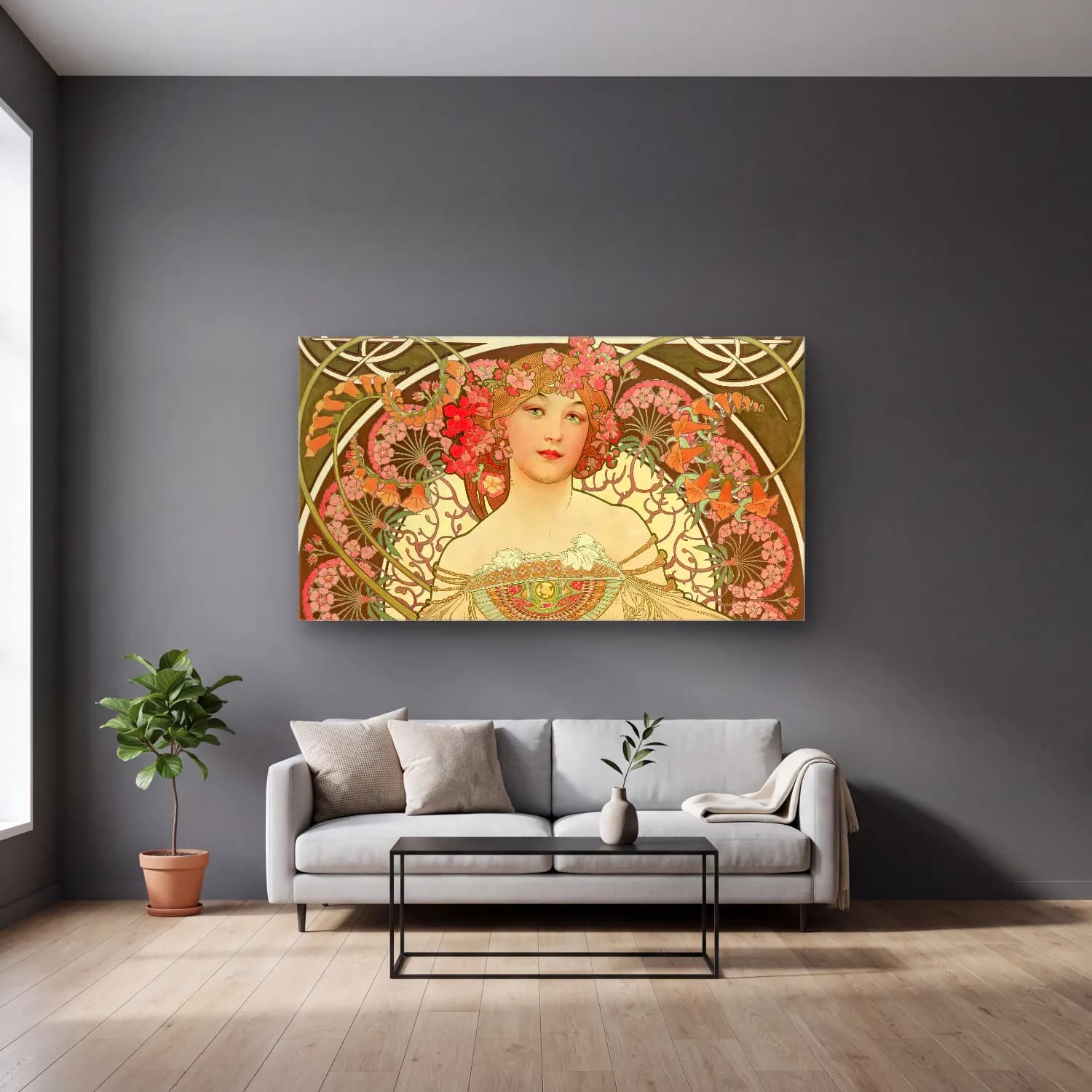 Alphonse Mucha – Rêverie cam tablo — gri duvarlı salonda