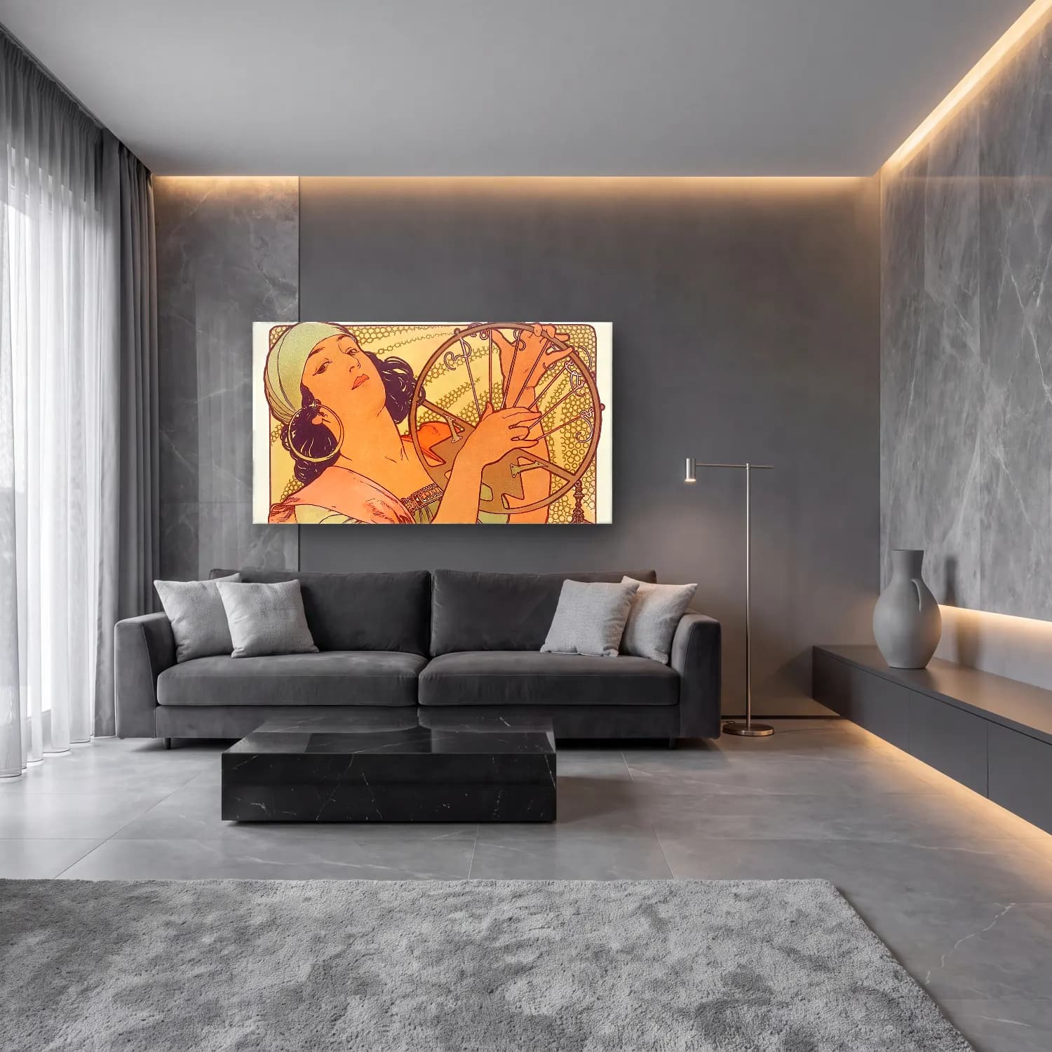 Alphonse Mucha – Salomé cam tablo — lüks salon duvarında