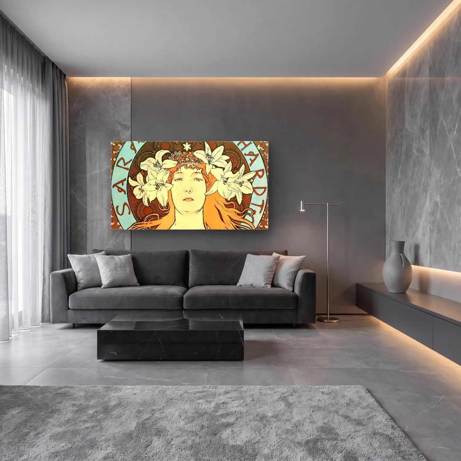 Alphonse Mucha – Sarah Bernhardt cam tablo — lüks salon duvarında