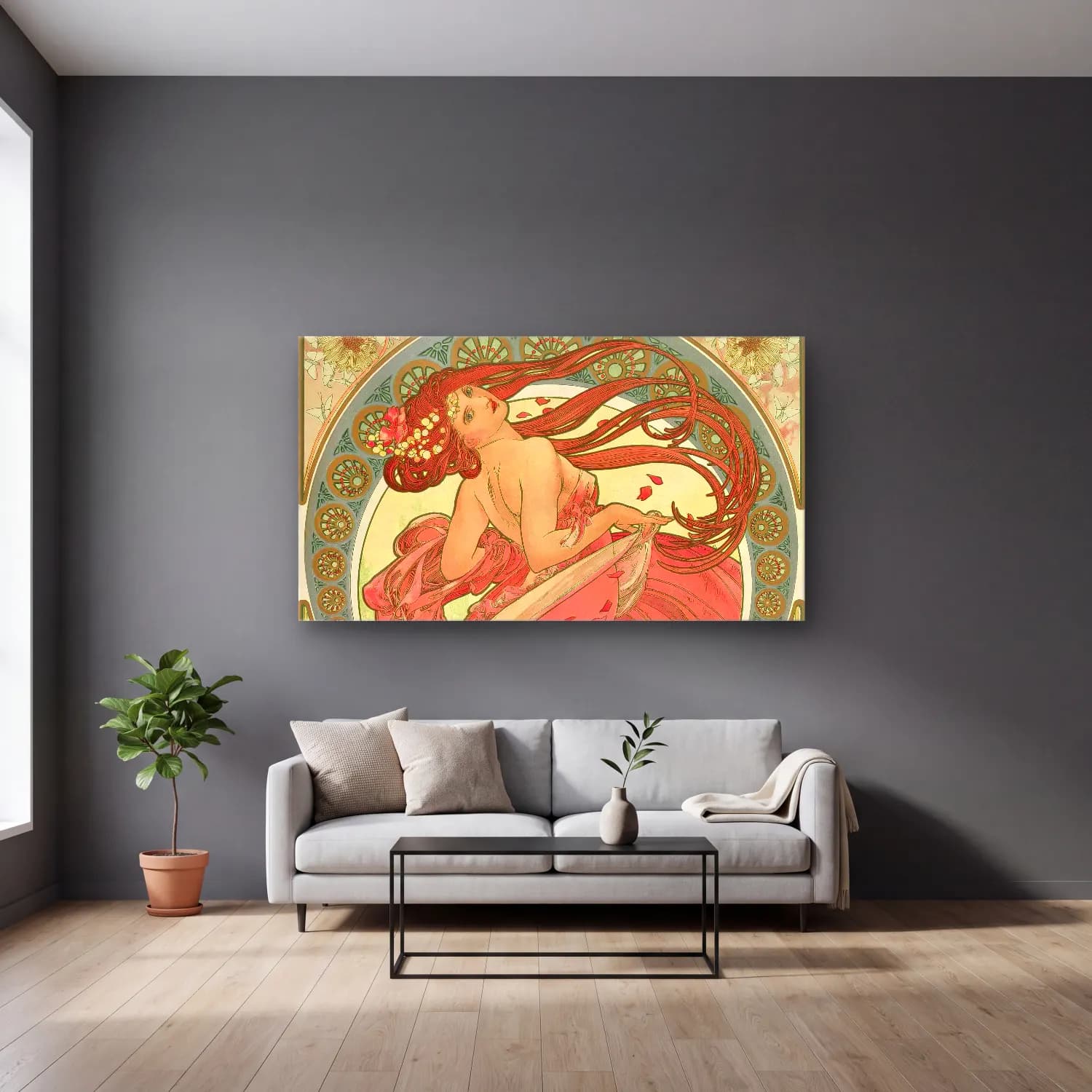 Alphonse Mucha – The Arts – Dance cam tablo — gri duvarlı salonda