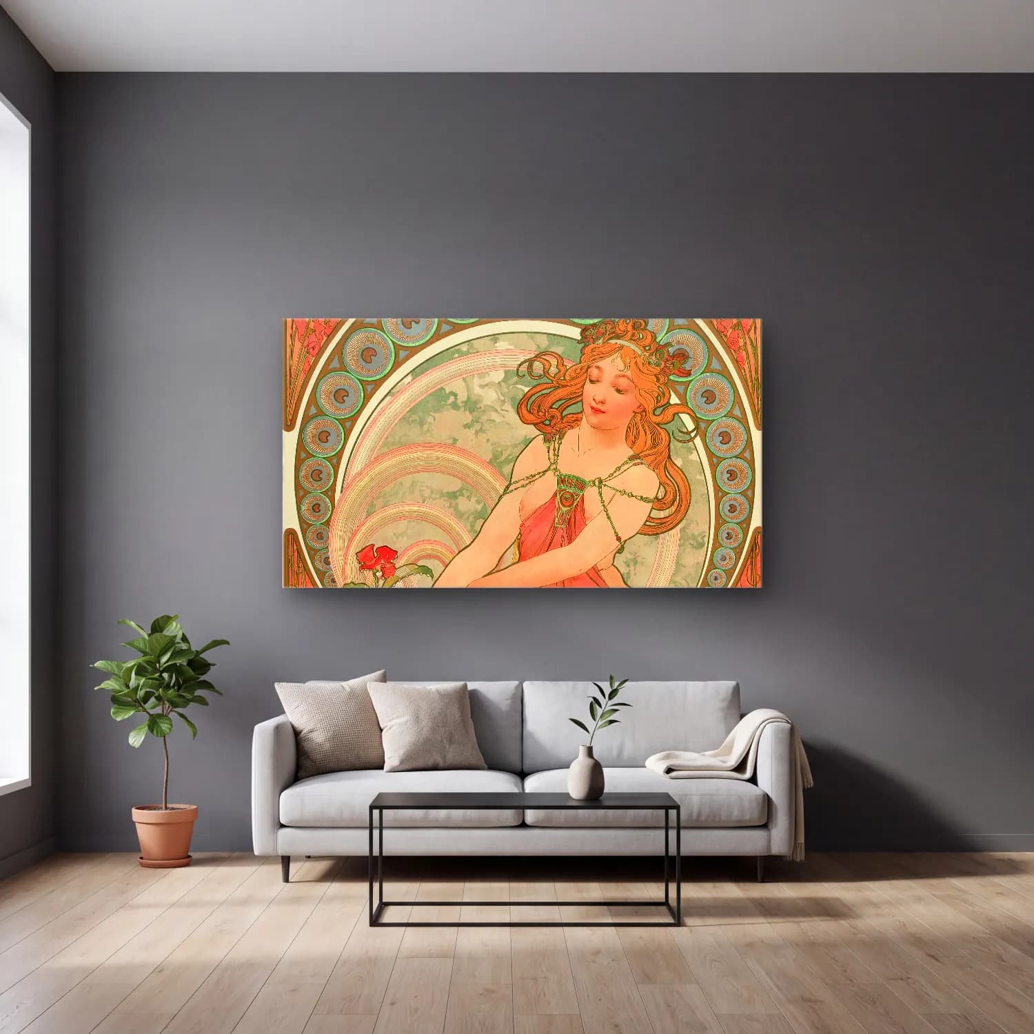Alphonse Mucha – The Arts – Painting cam tablo — gri duvarlı salonda