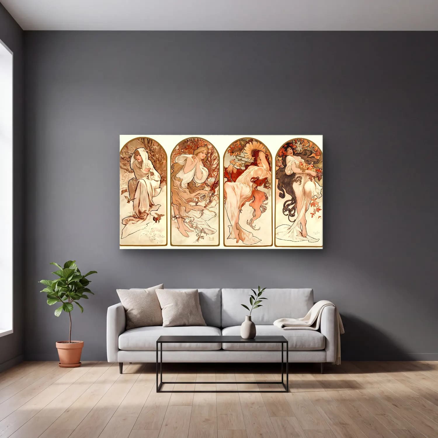 Alphonse Mucha – The Seasons cam tablo — gri duvarlı salonda