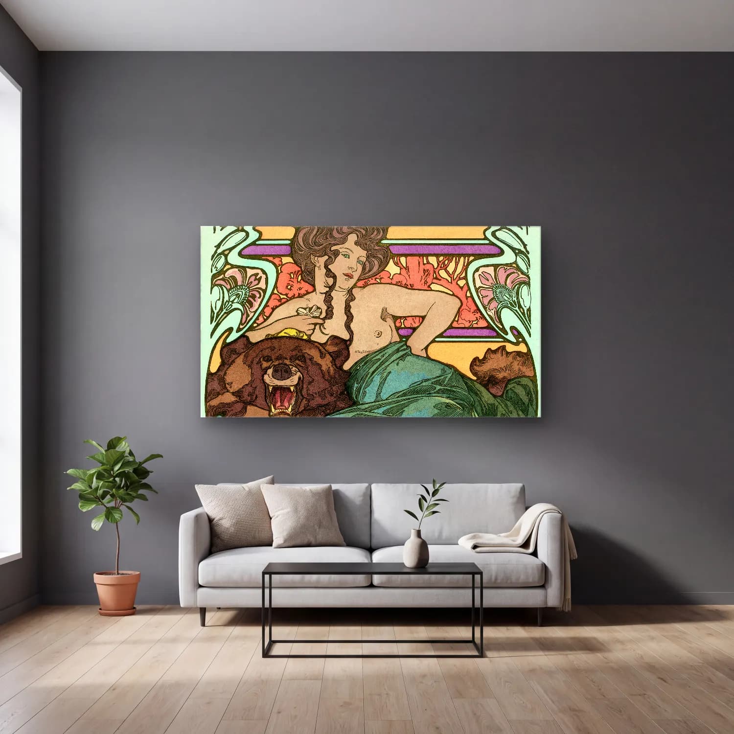 Alphonse Mucha – Untitled cam tablo — gri duvarlı salonda