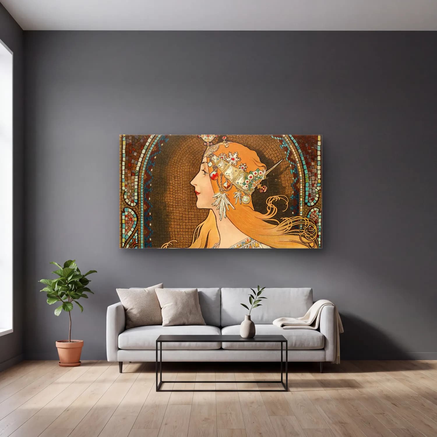Alphonse Mucha – Zodiac cam tablo — gri duvarlı salonda