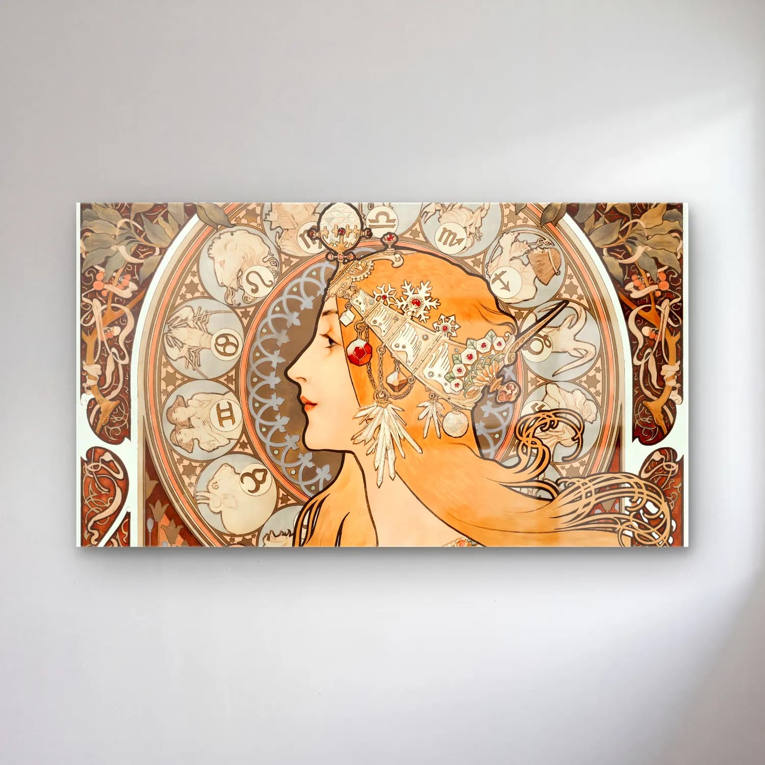 Alphonse Mucha – Zodiaque or La Plume (ca. 1896–1897) cam tablo — Alphonse Mucha – Zodiaque or La Plume (ca. 1896–1897) — vintage kadın portresi
