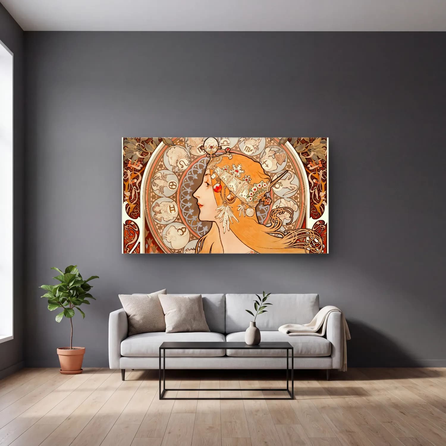 Alphonse Mucha – Zodiaque or La Plume (ca. 1896–1897) cam tablo — gri duvarlı salonda