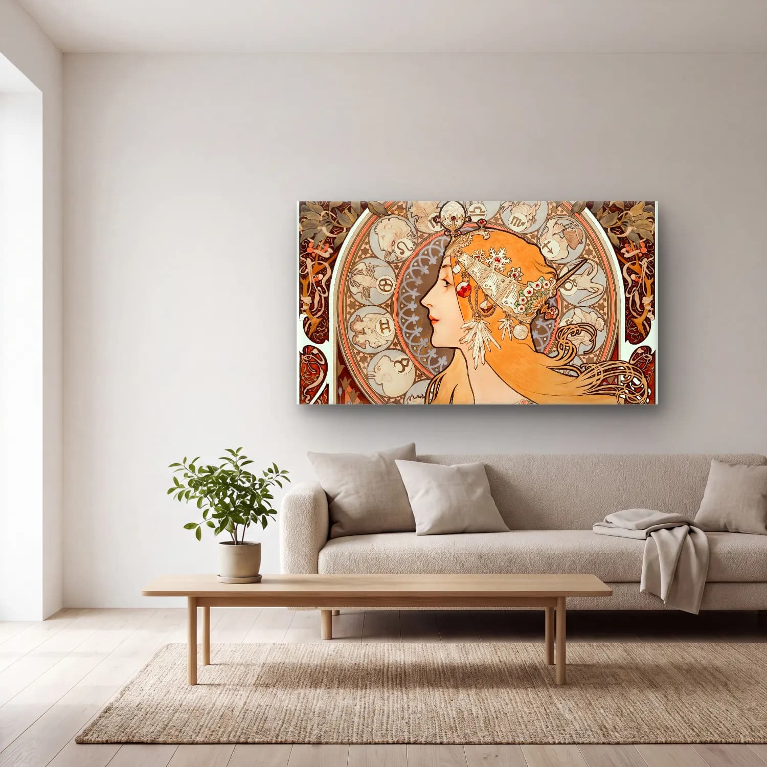 Alphonse Mucha – Zodiaque or La Plume (ca. 1896–1897) cam tablo — açık renk salonda