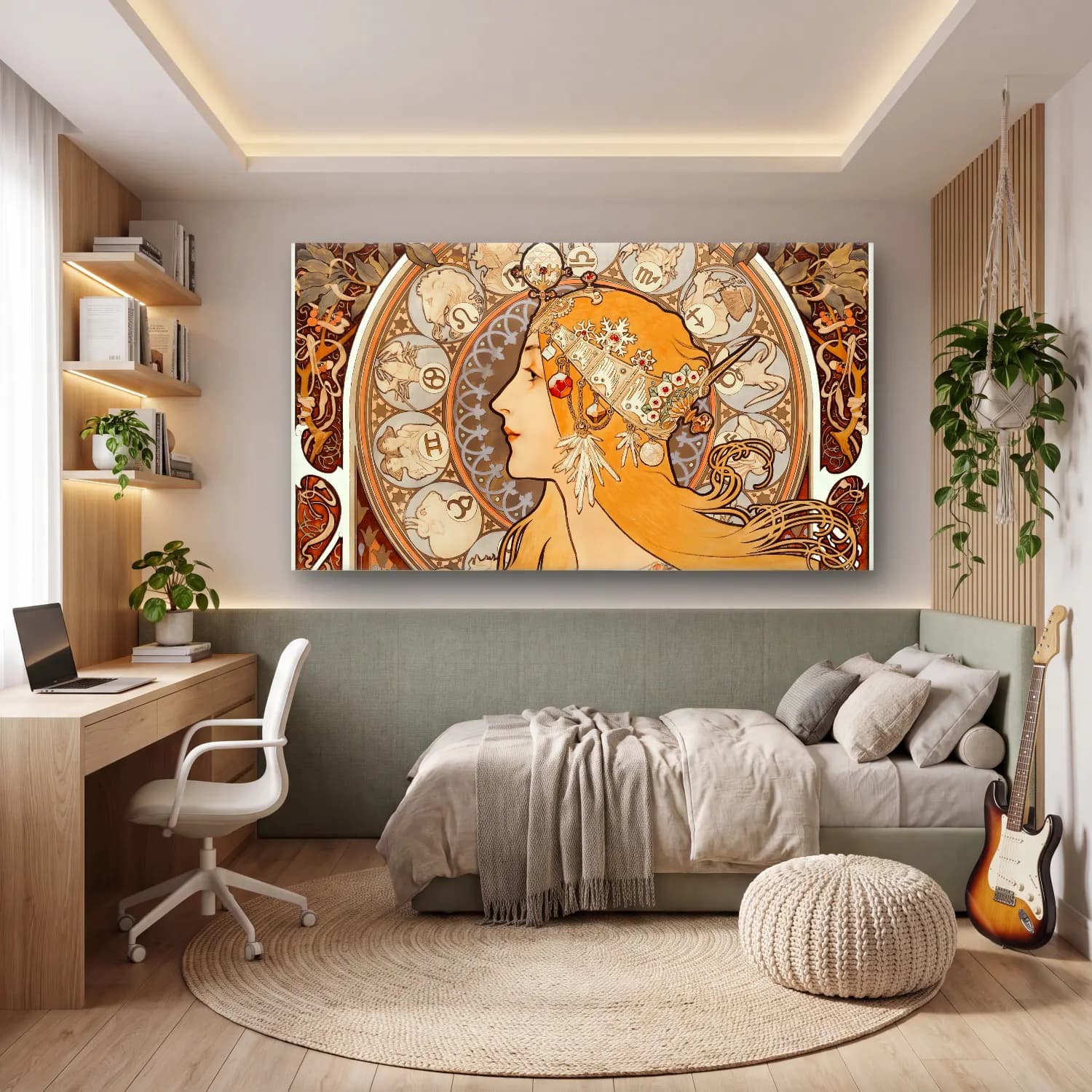 Alphonse Mucha – Zodiaque or La Plume (ca. 1896–1897) cam tablo — genç odasında