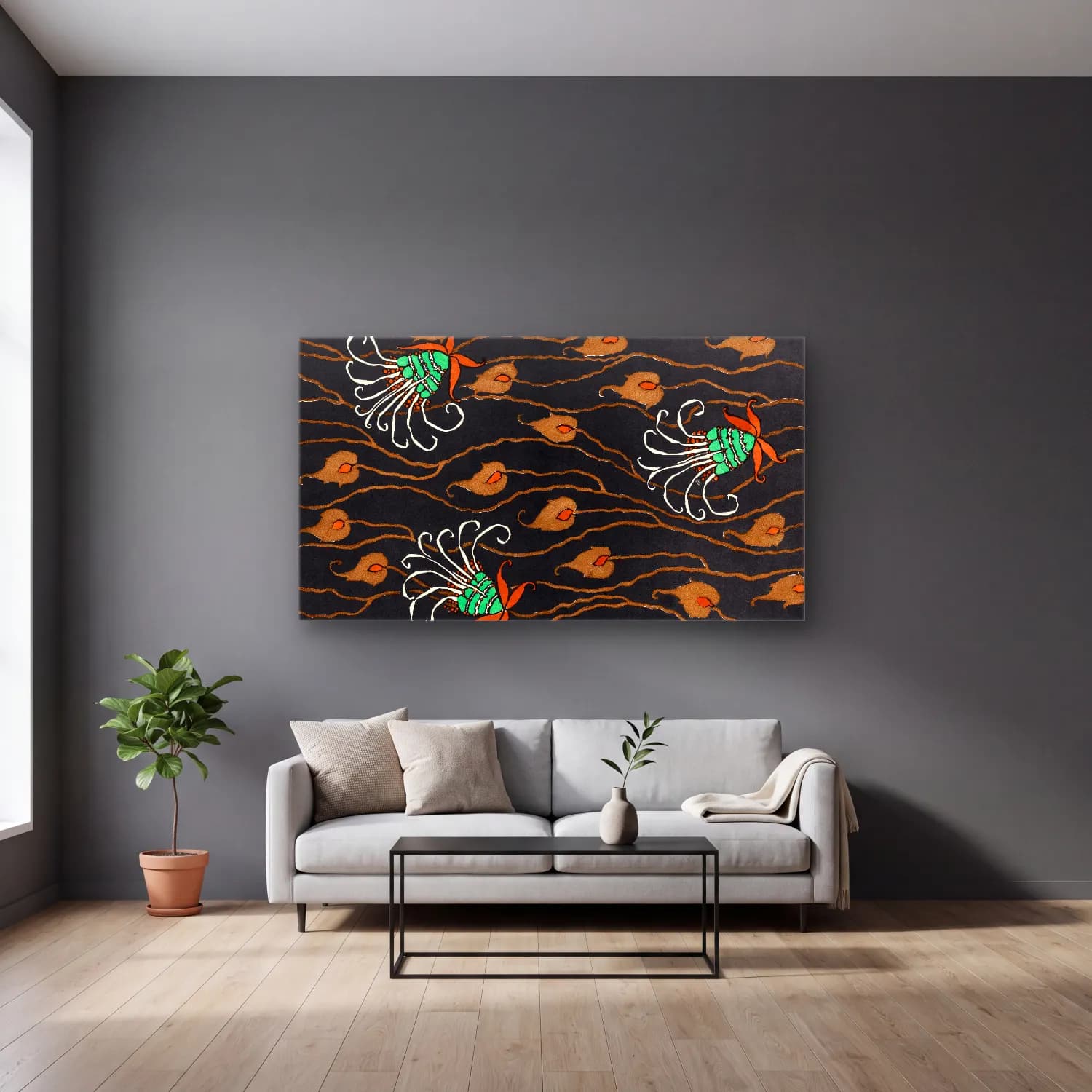 E.A. Séguy – Art Deco Flower pattern pochoir print in oriental style cam tablo — gri duvarlı salonda
