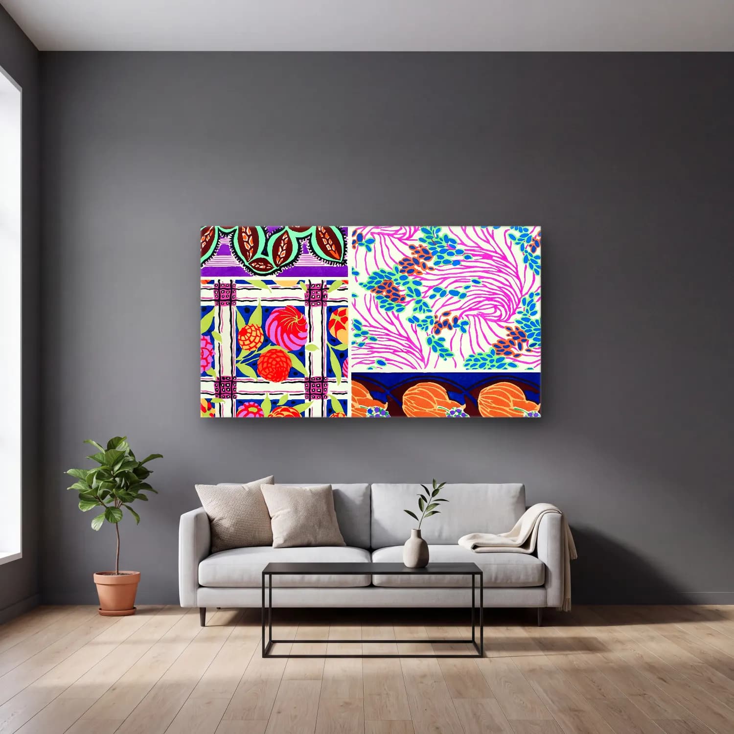 E.A. Séguy – Art deco pattern, art nouveau painting, plate no cam tablo — gri duvarlı salonda