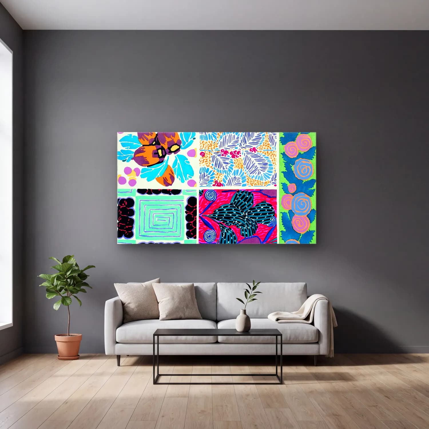 E.A. Séguy – Art deco pattern, art nouveau painting, plate no – Mor Tonlar cam tablo — gri duvarlı salonda