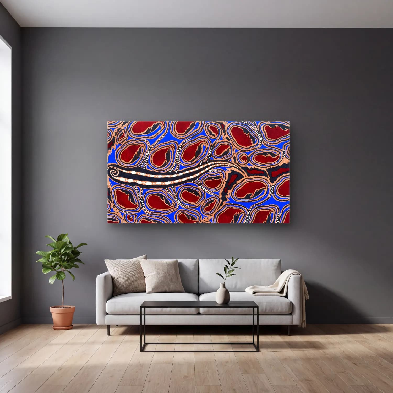 E.A. Séguy – Botanical pochoir pattern in Art Deco oriental style cam tablo — gri duvarlı salonda