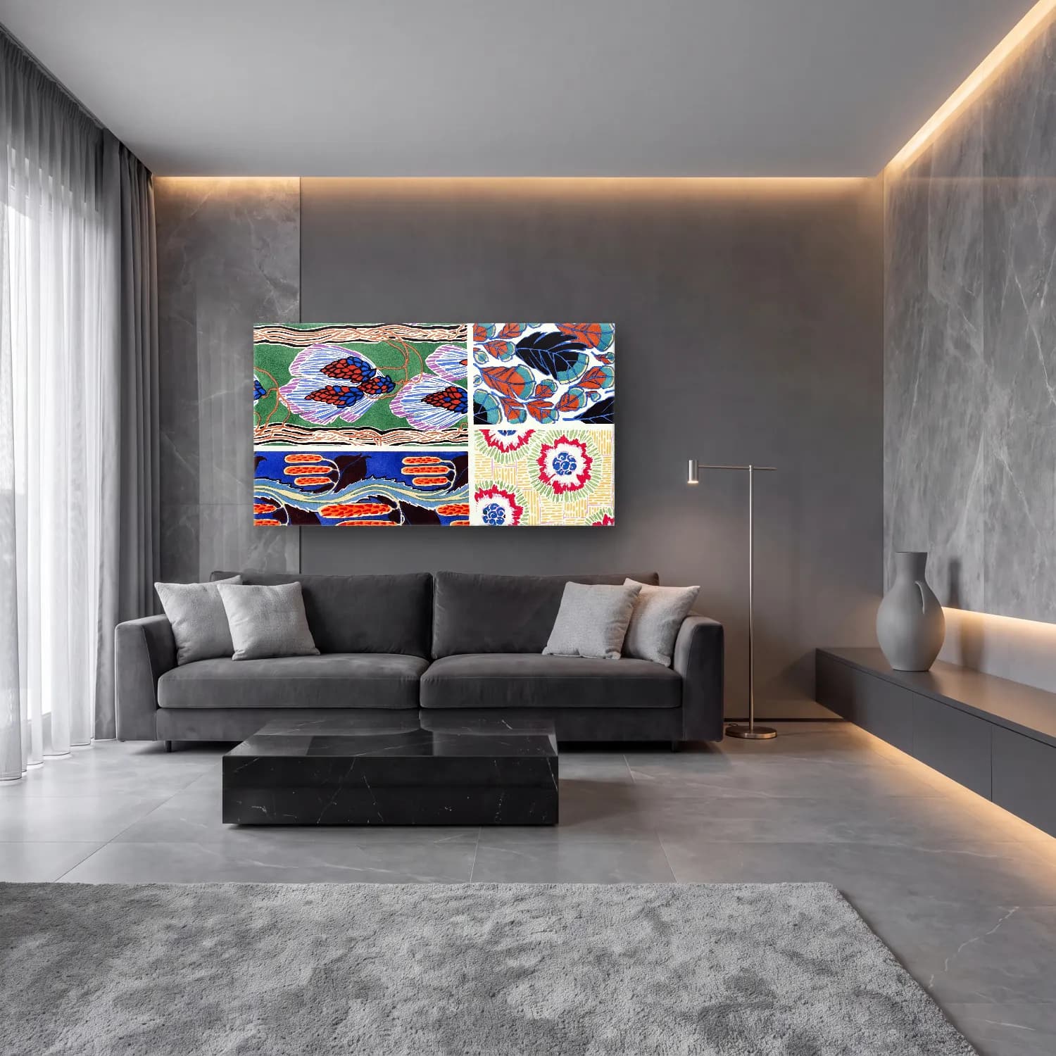 E.A. Séguy – Colorful floral design, art nouveau & art deco artwork,… cam tablo — lüks salon duvarında