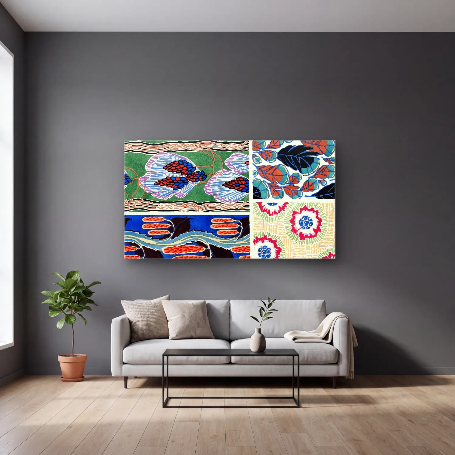 E.A. Séguy – Colorful floral design, art nouveau & art deco artwork,… cam tablo — gri duvarlı salonda
