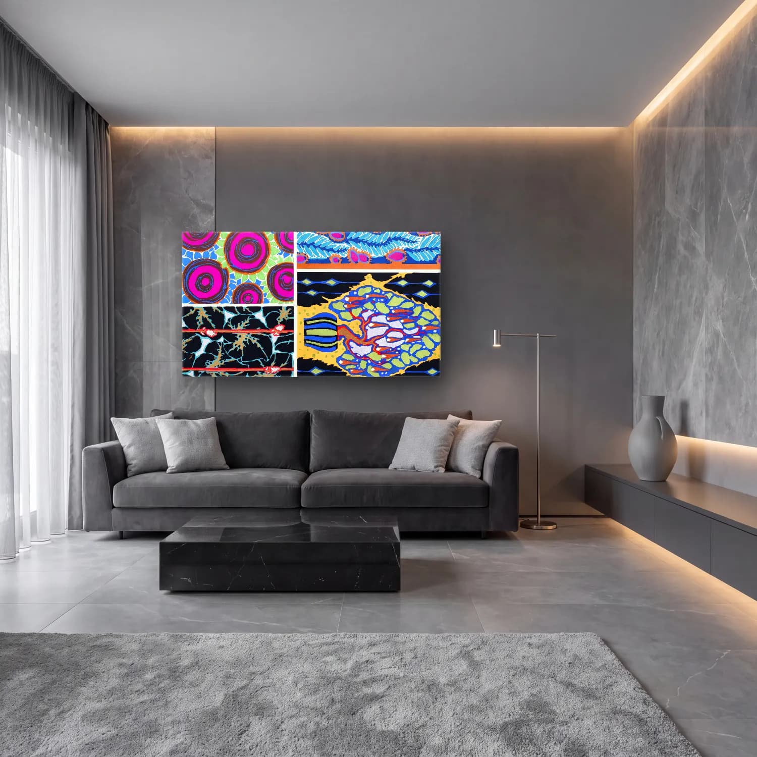 E.A. Séguy – Colorful floral design, art nouveau & art deco artwork,… – Mor Tonlar cam tablo — lüks salon duvarında